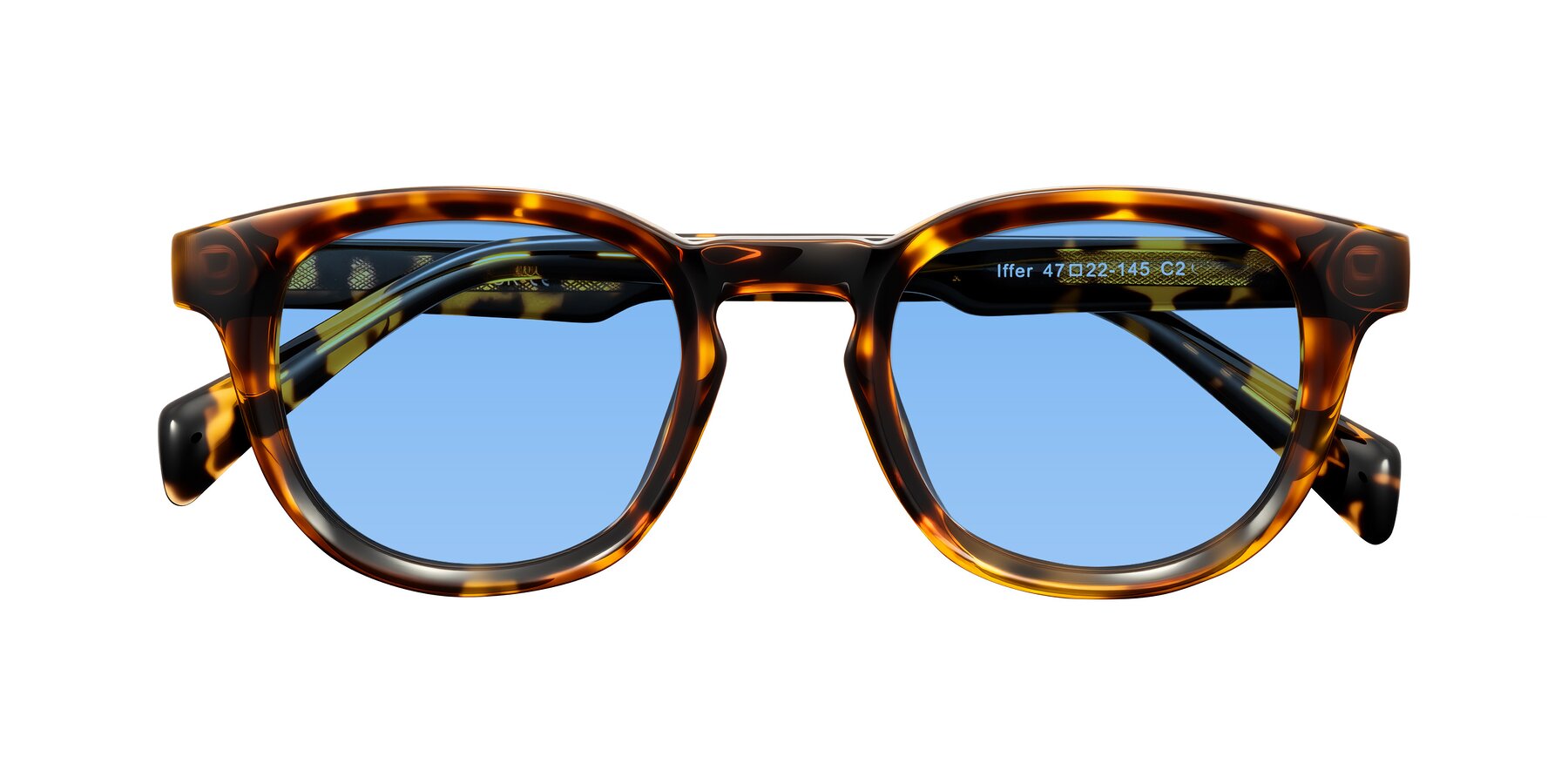 Folded Front of Iffer in Tortoise with Medium Blue Tinted Lenses
