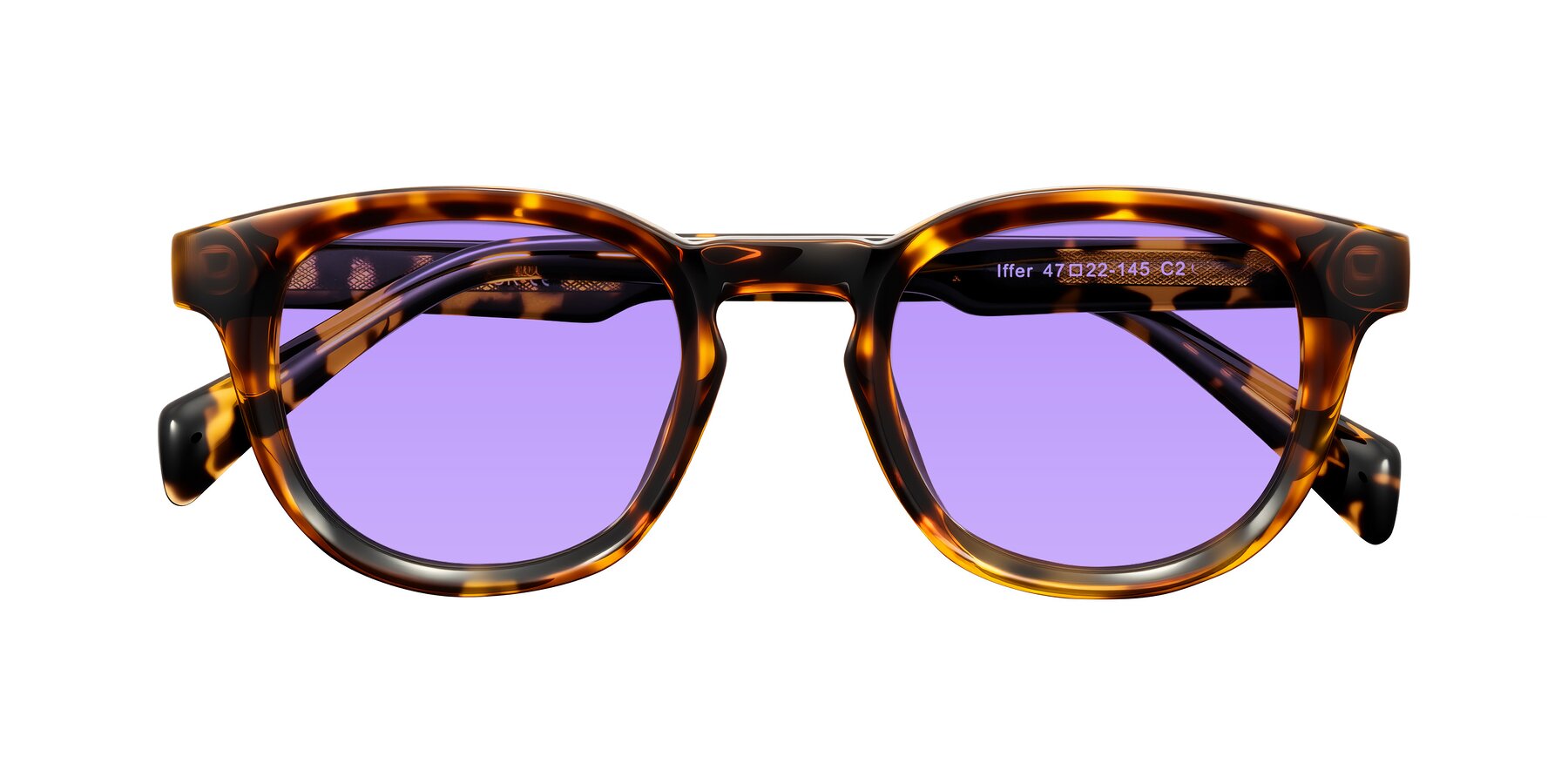 Folded Front of Iffer in Tortoise with Medium Purple Tinted Lenses