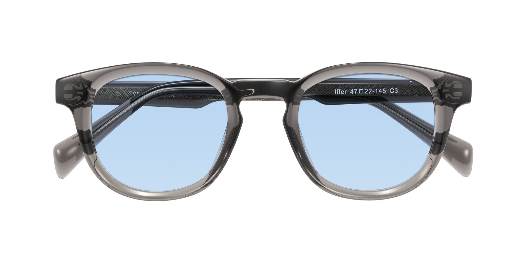 Folded Front of Iffer in Gray with Light Blue Tinted Lenses