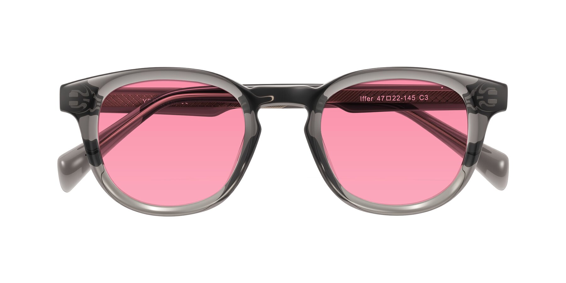 Folded Front of Iffer in Gray with Pink Tinted Lenses