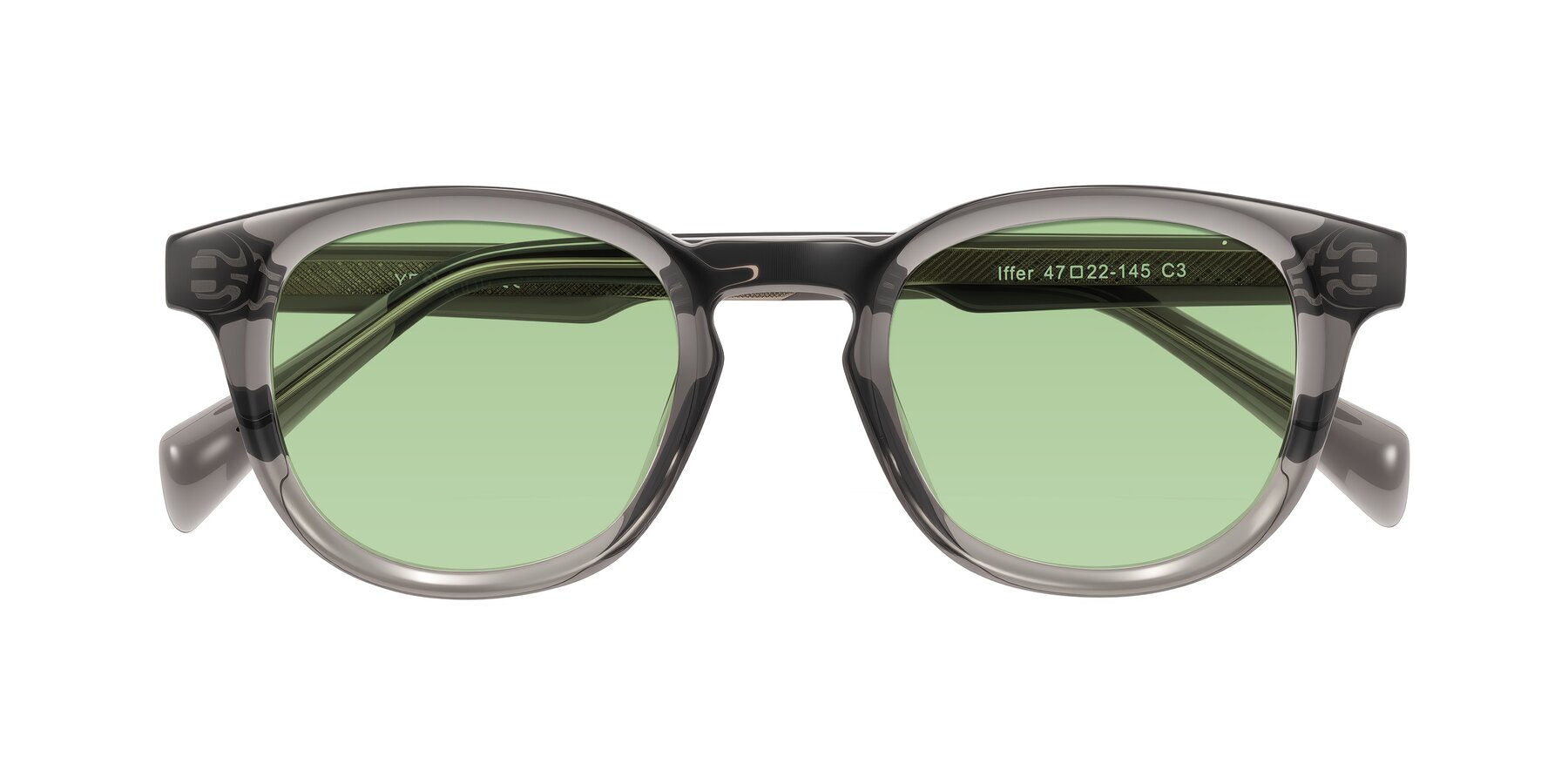 Folded Front of Iffer in Gray with Medium Green Tinted Lenses