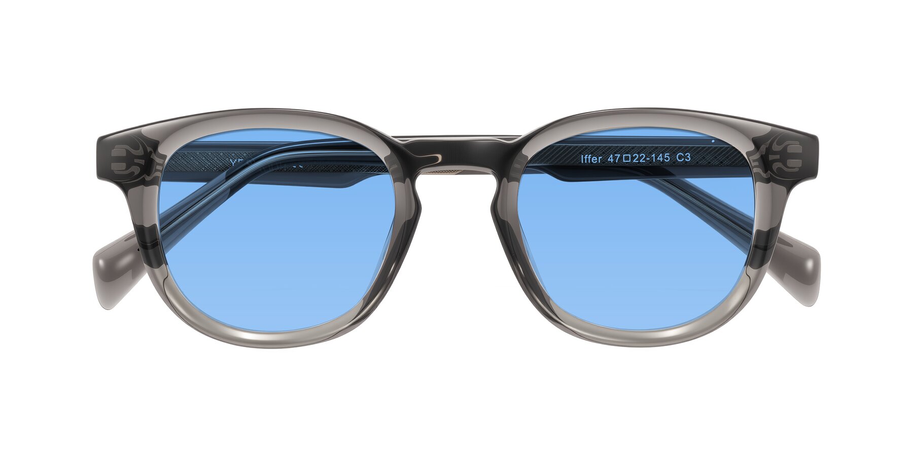 Folded Front of Iffer in Gray with Medium Blue Tinted Lenses