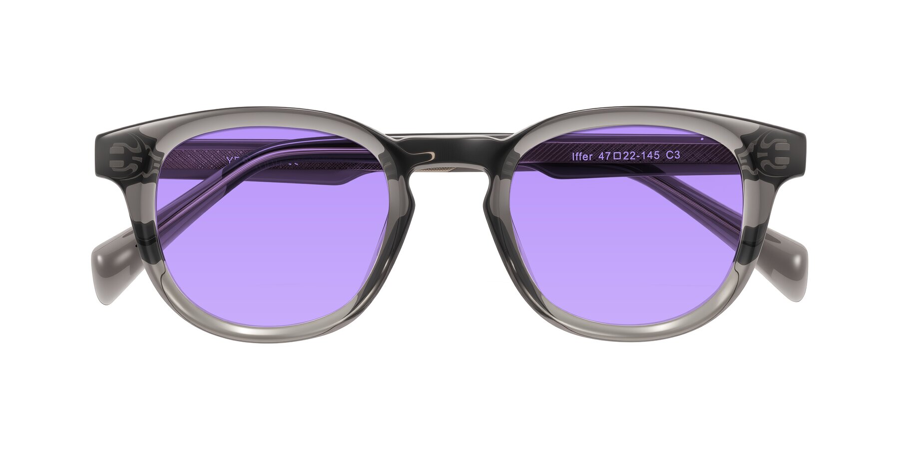 Folded Front of Iffer in Gray with Medium Purple Tinted Lenses