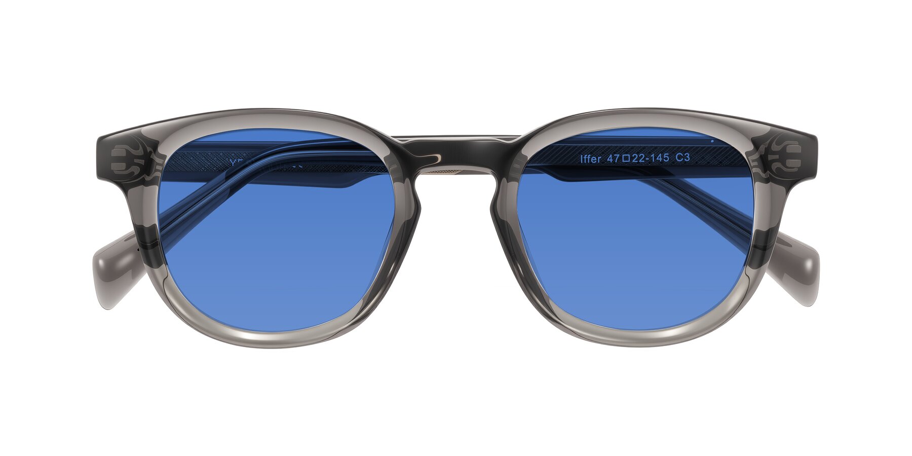 Folded Front of Iffer in Gray with Blue Tinted Lenses