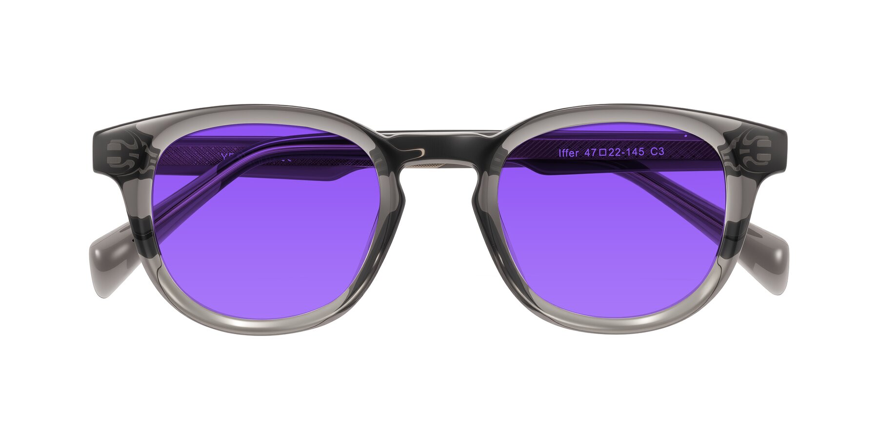 Folded Front of Iffer in Gray with Purple Tinted Lenses