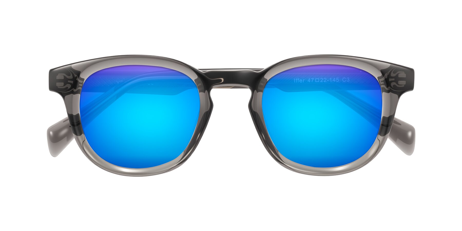 Folded Front of Iffer in Gray with Blue Mirrored Lenses