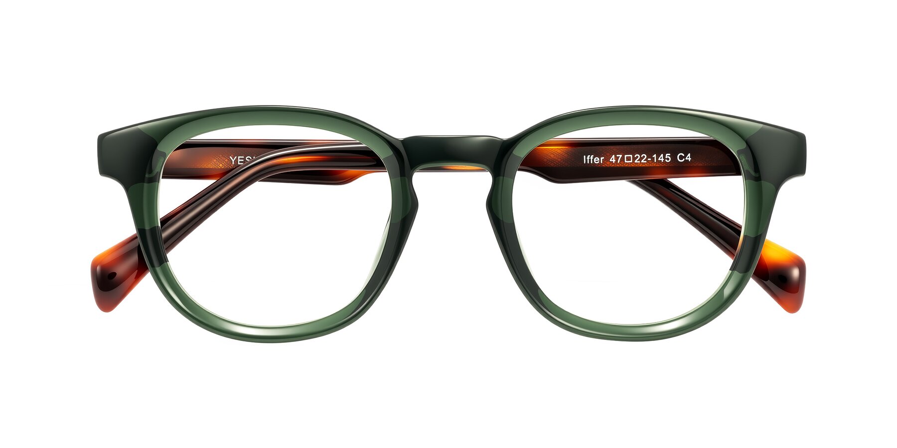 Folded Front of Iffer in Dark Green/Tortoise with Clear Eyeglass Lenses