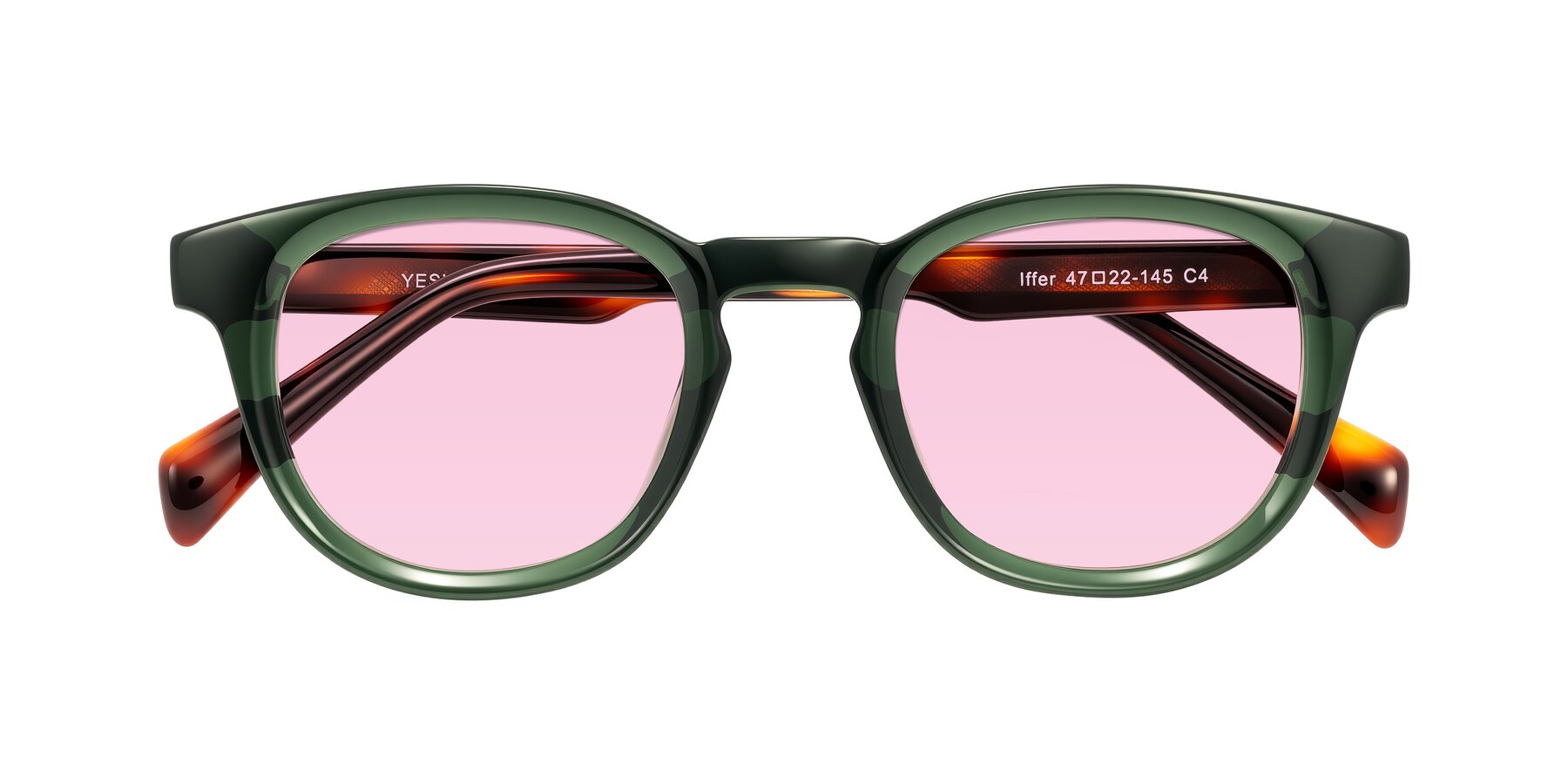 Folded Front of Iffer in Dark Green/Tortoise with Light Pink Tinted Lenses