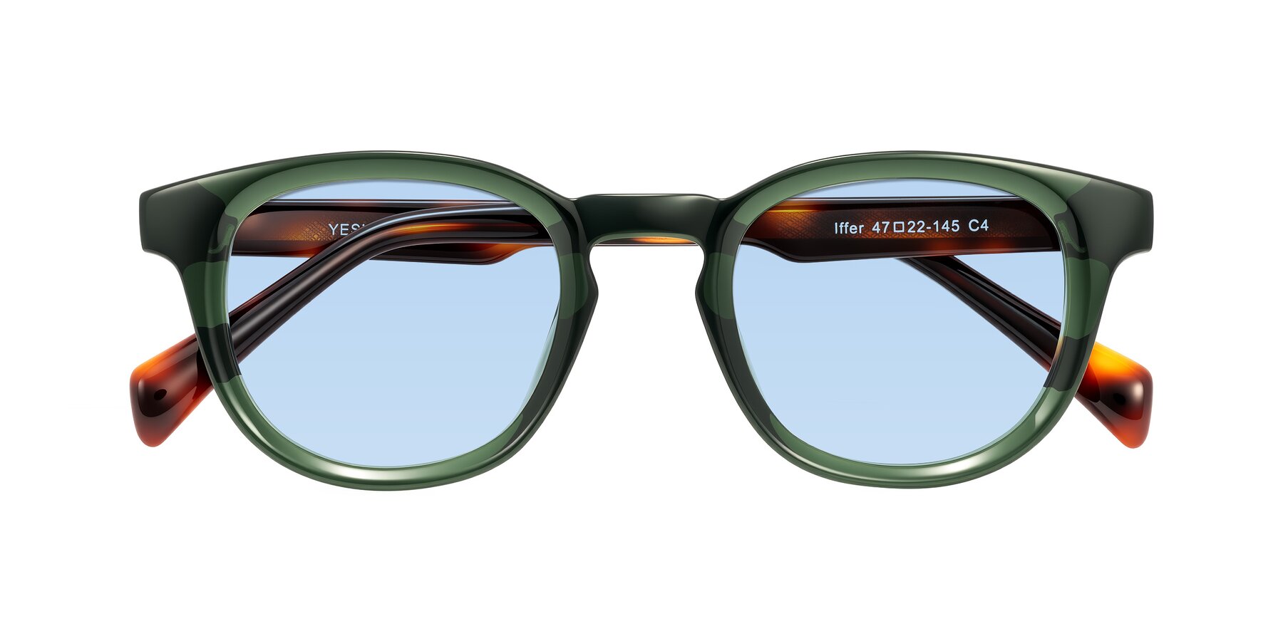 Folded Front of Iffer in Dark Green/Tortoise with Light Blue Tinted Lenses