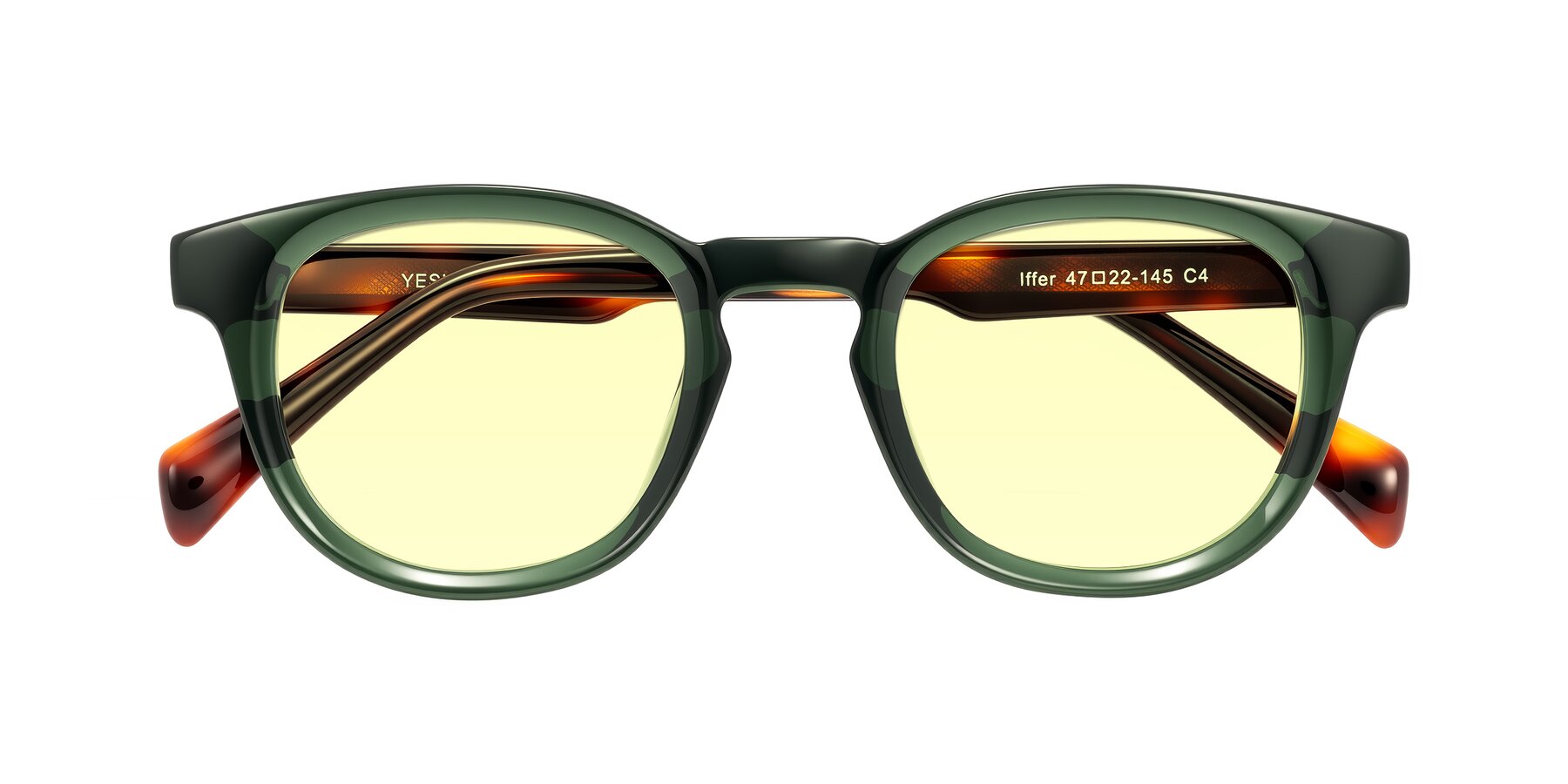 Folded Front of Iffer in Dark Green/Tortoise with Light Yellow Tinted Lenses