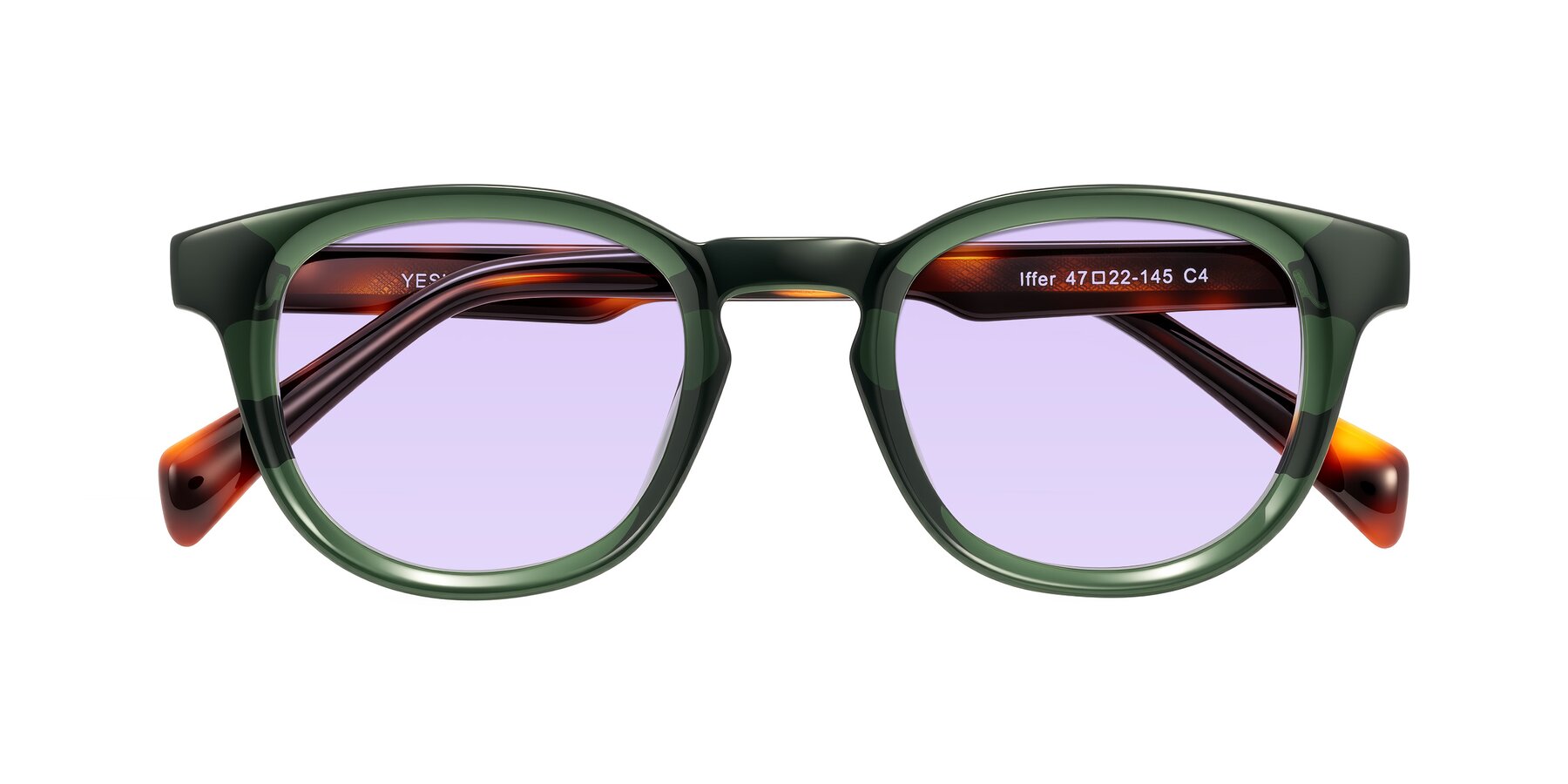 Folded Front of Iffer in Dark Green/Tortoise with Light Purple Tinted Lenses