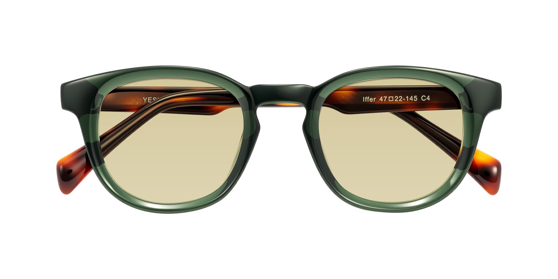 Folded Front of Iffer in Dark Green/Tortoise with Light Champagne Tinted Lenses