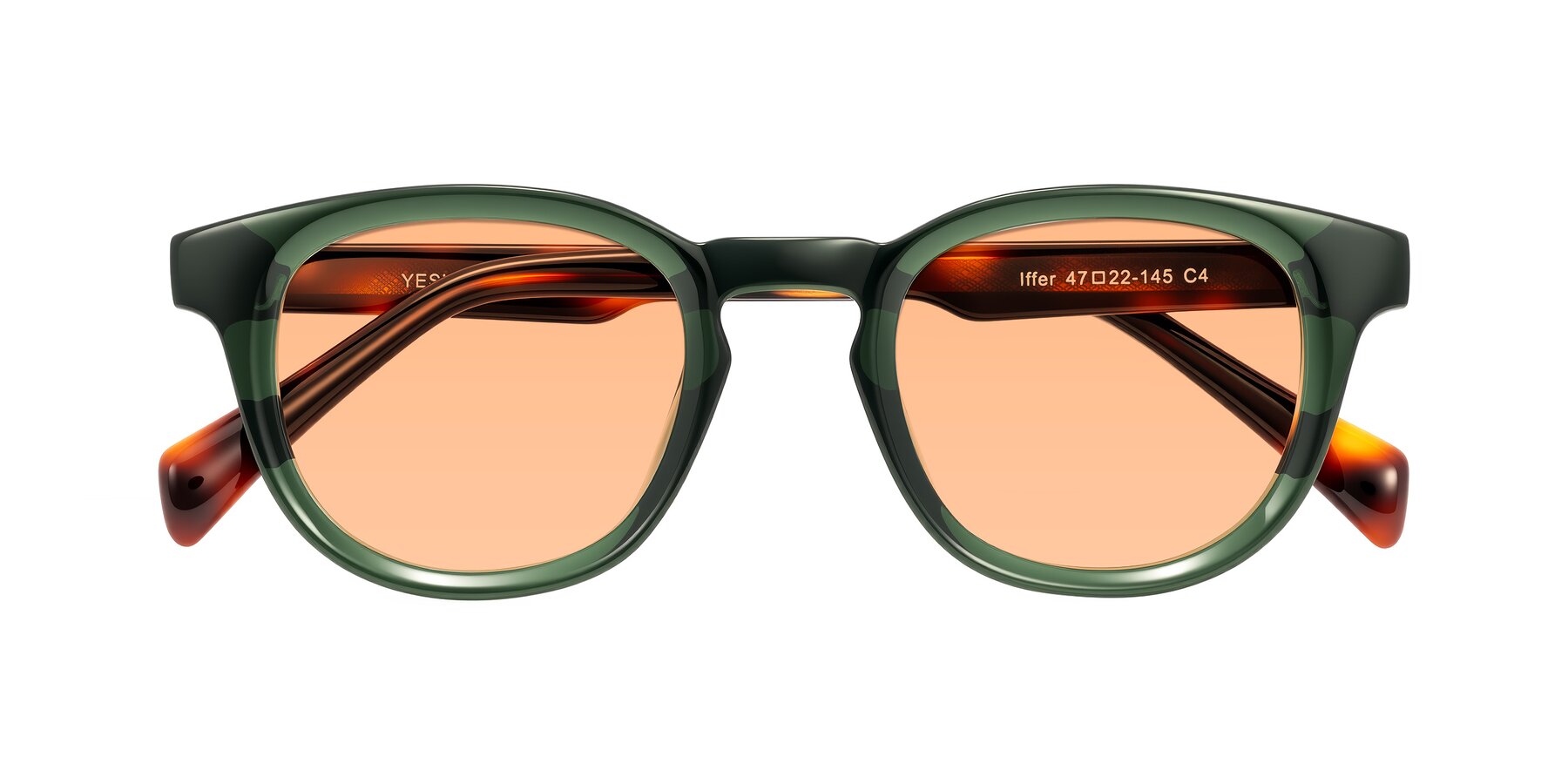 Folded Front of Iffer in Dark Green/Tortoise with Light Orange Tinted Lenses