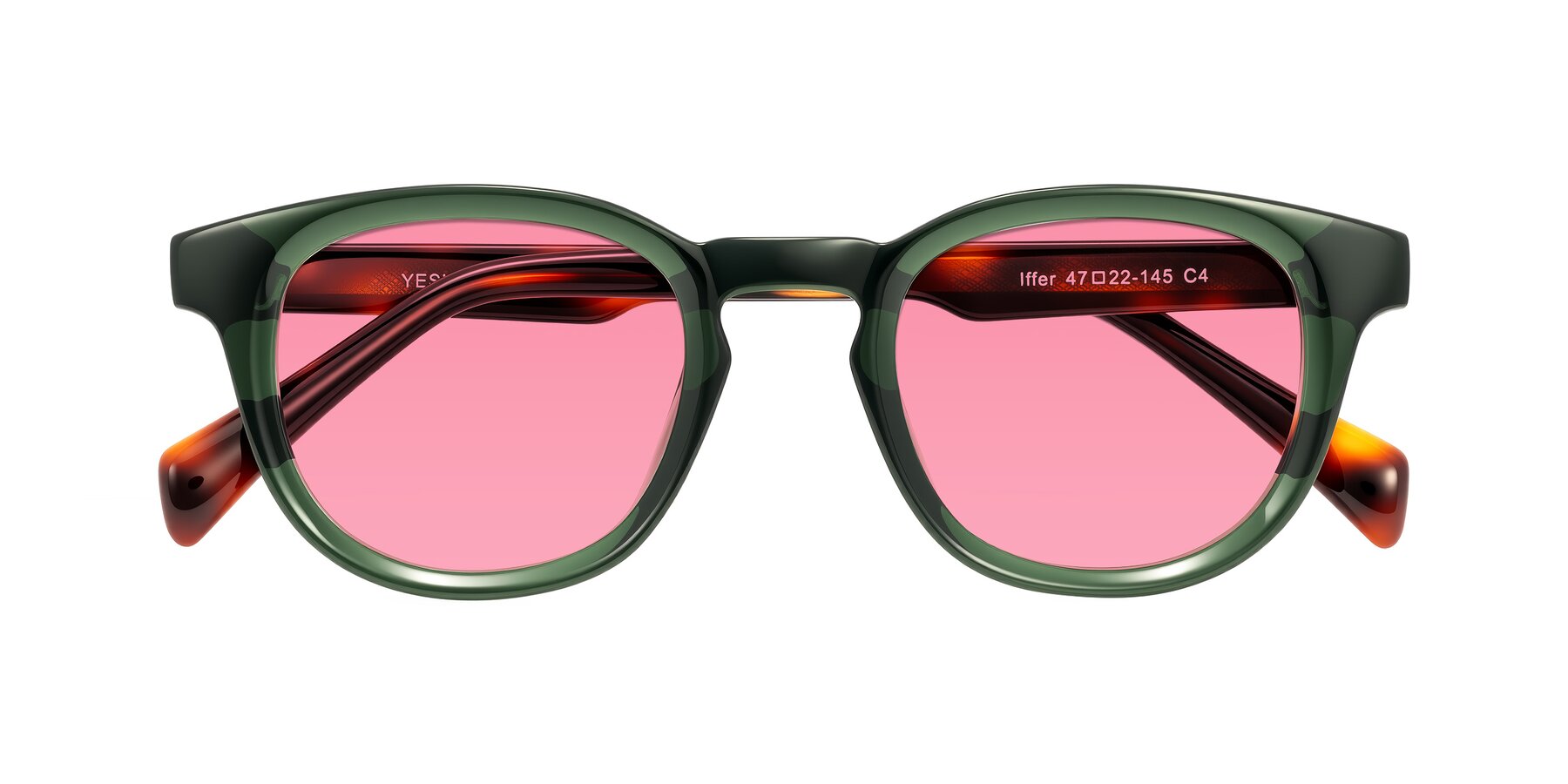 Folded Front of Iffer in Dark Green/Tortoise with Pink Tinted Lenses