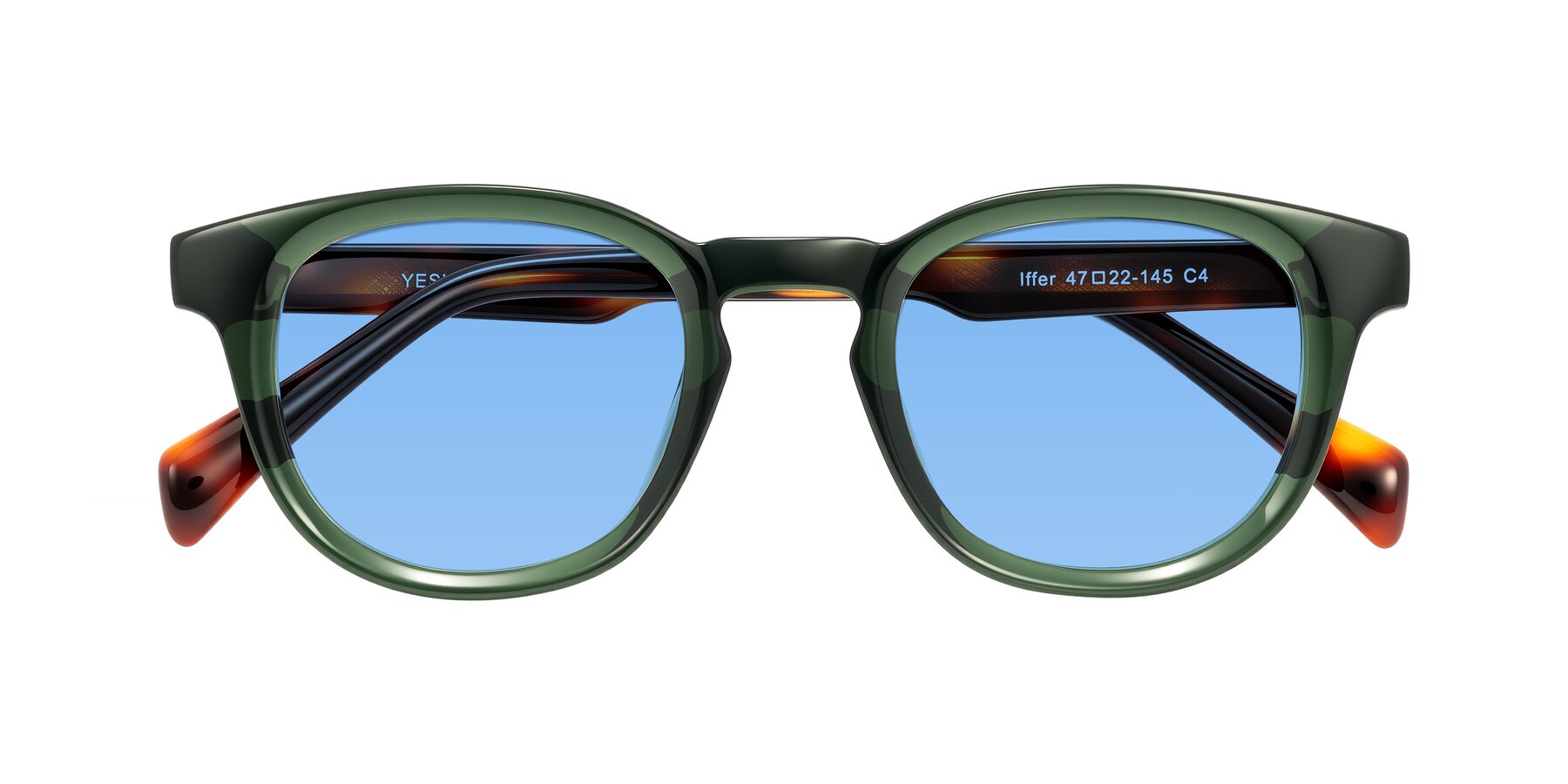 Folded Front of Iffer in Dark Green/Tortoise with Medium Blue Tinted Lenses