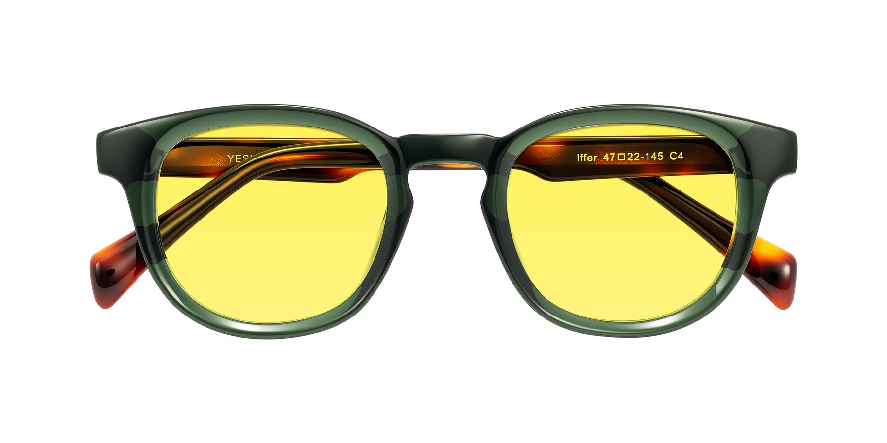 Folded Front of Iffer in Dark Green/Tortoise with Medium Yellow Tinted Lenses