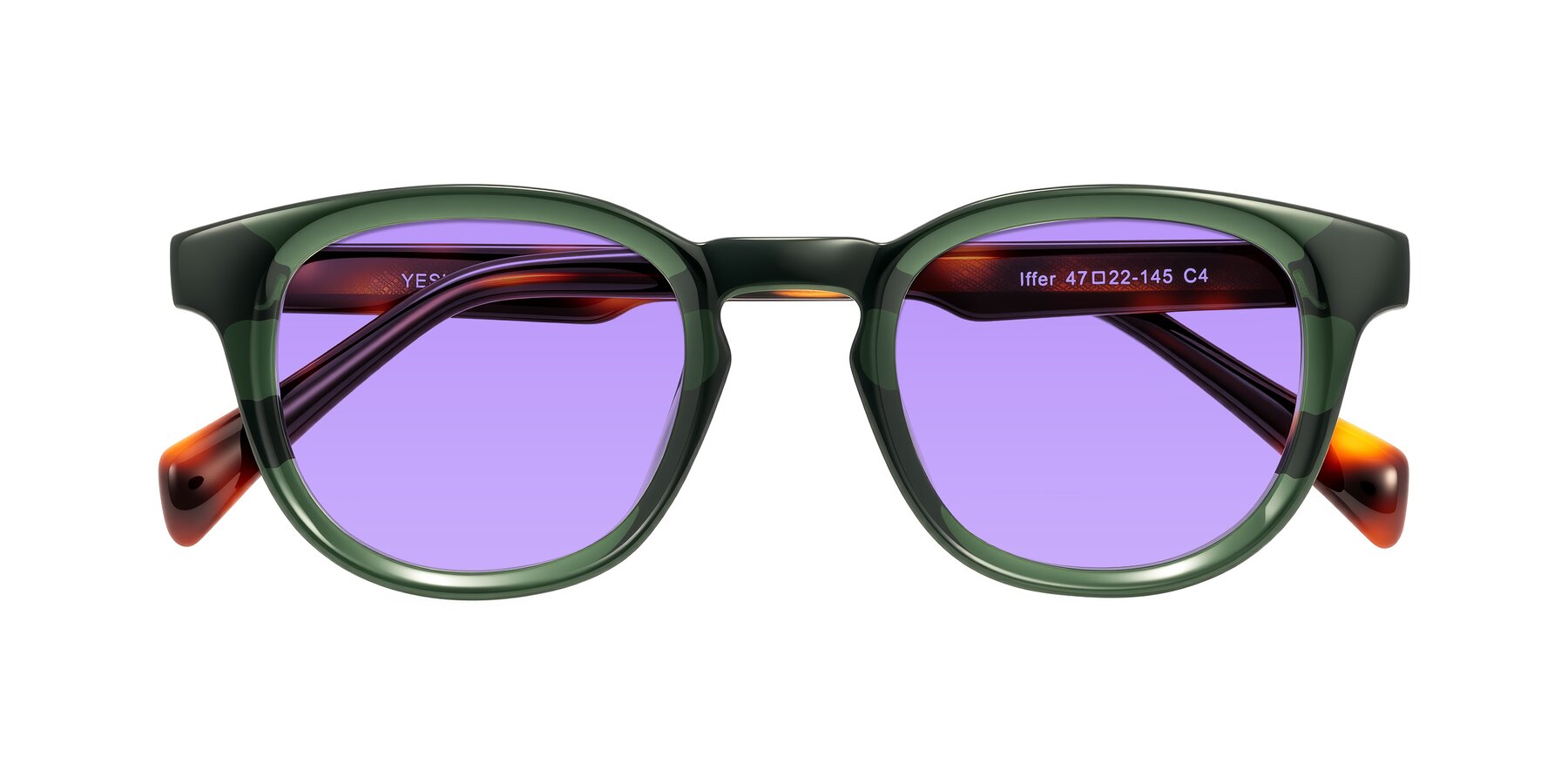 Folded Front of Iffer in Dark Green/Tortoise with Medium Purple Tinted Lenses