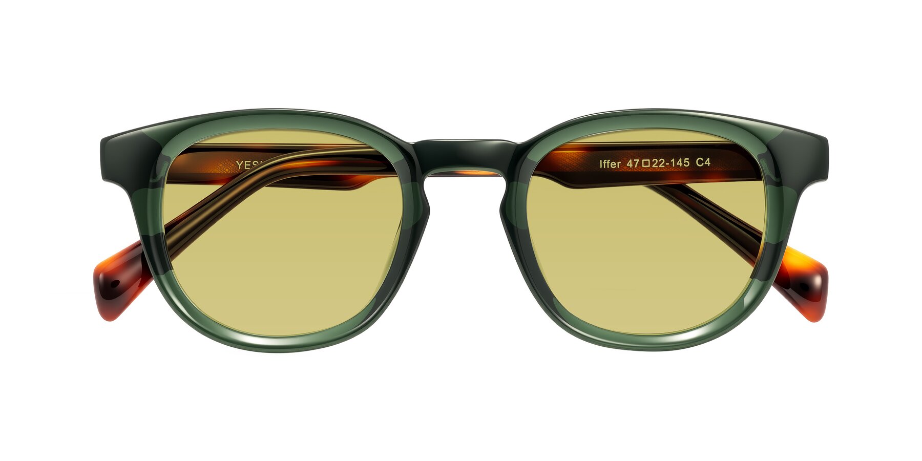Folded Front of Iffer in Dark Green/Tortoise with Medium Champagne Tinted Lenses