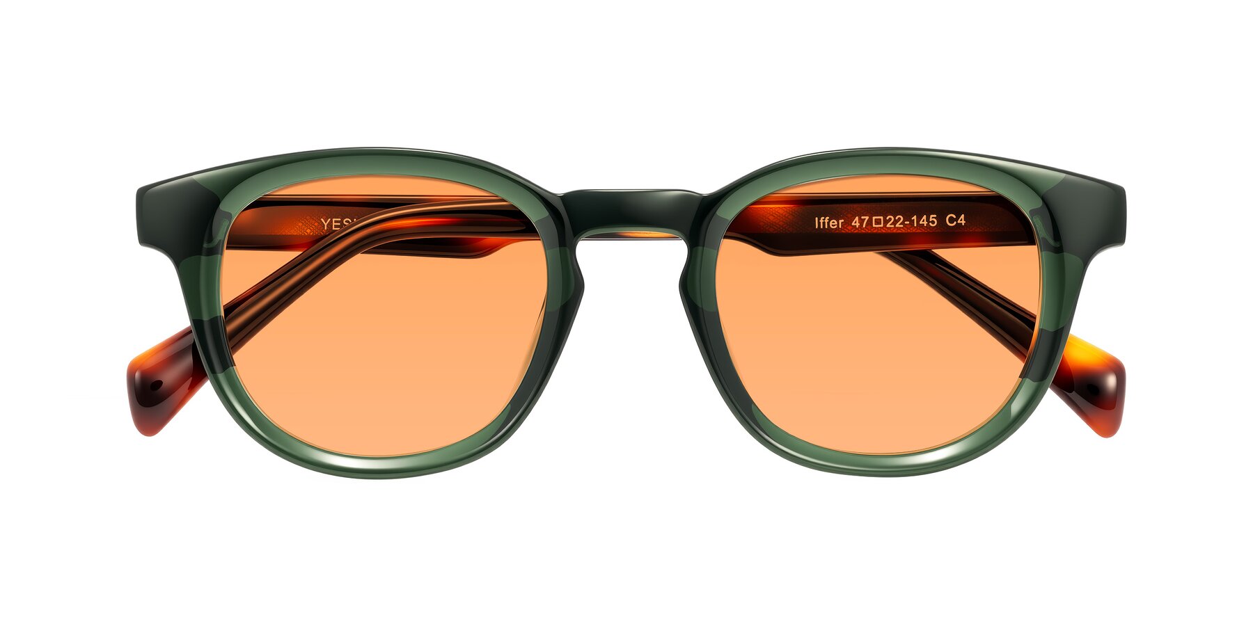 Folded Front of Iffer in Dark Green/Tortoise with Medium Orange Tinted Lenses