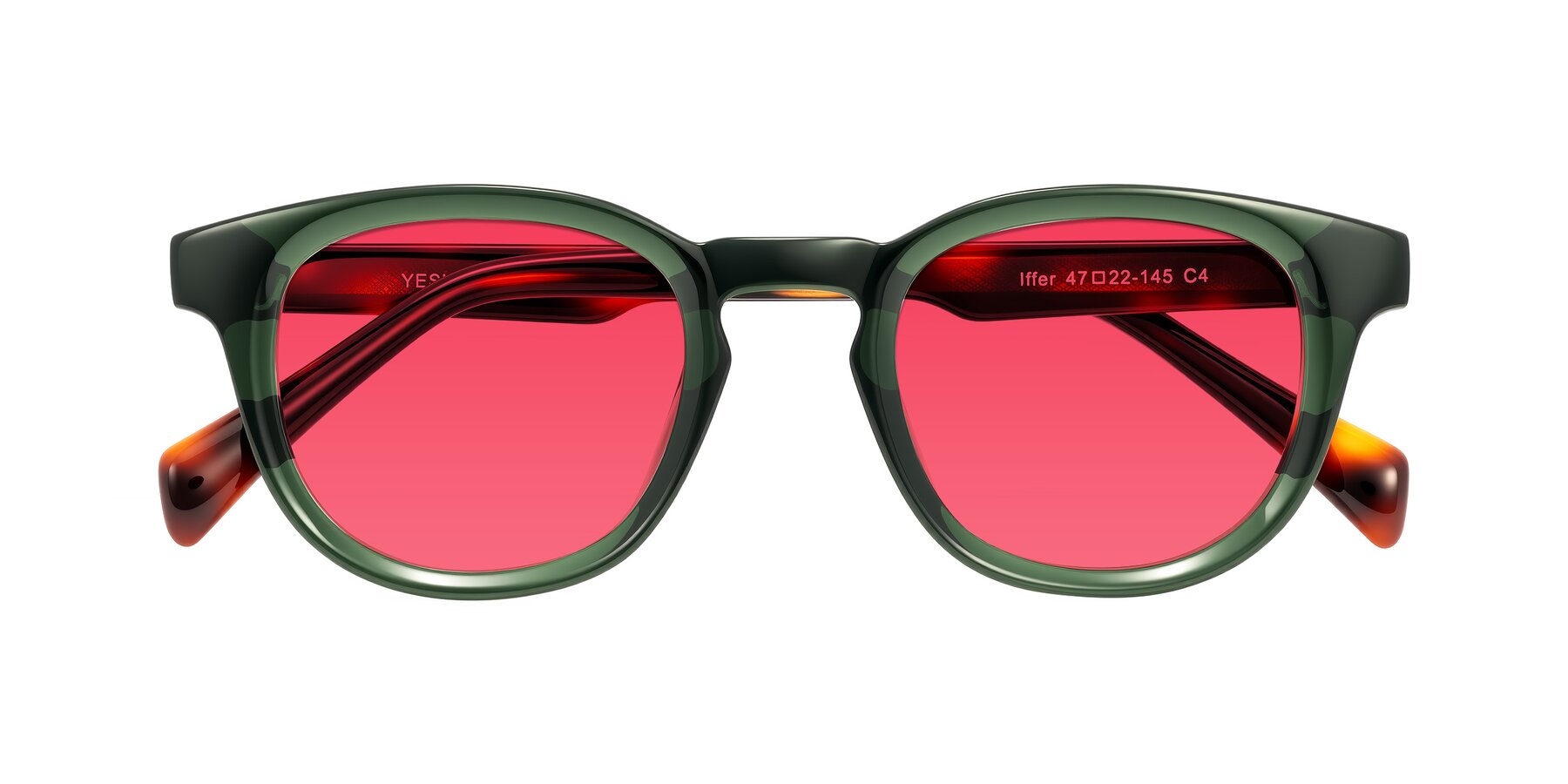 Folded Front of Iffer in Dark Green/Tortoise with Red Tinted Lenses