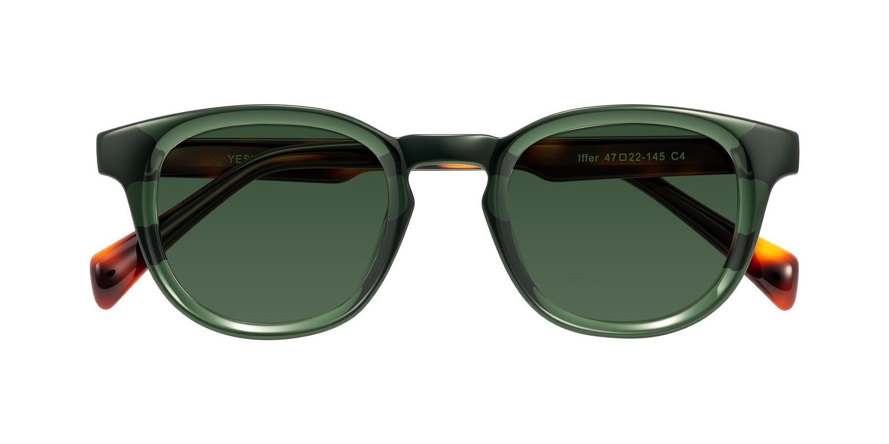 Folded Front of Iffer in Dark Green/Tortoise with Green Tinted Lenses