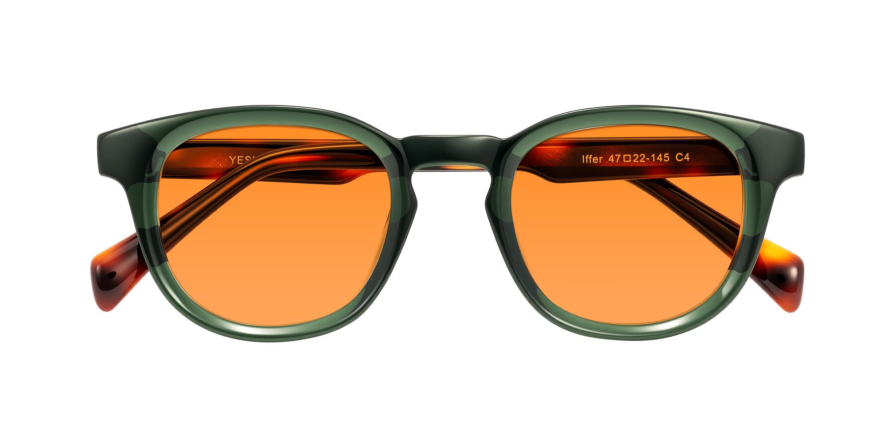 Folded Front of Iffer in Dark Green/Tortoise with Orange Tinted Lenses