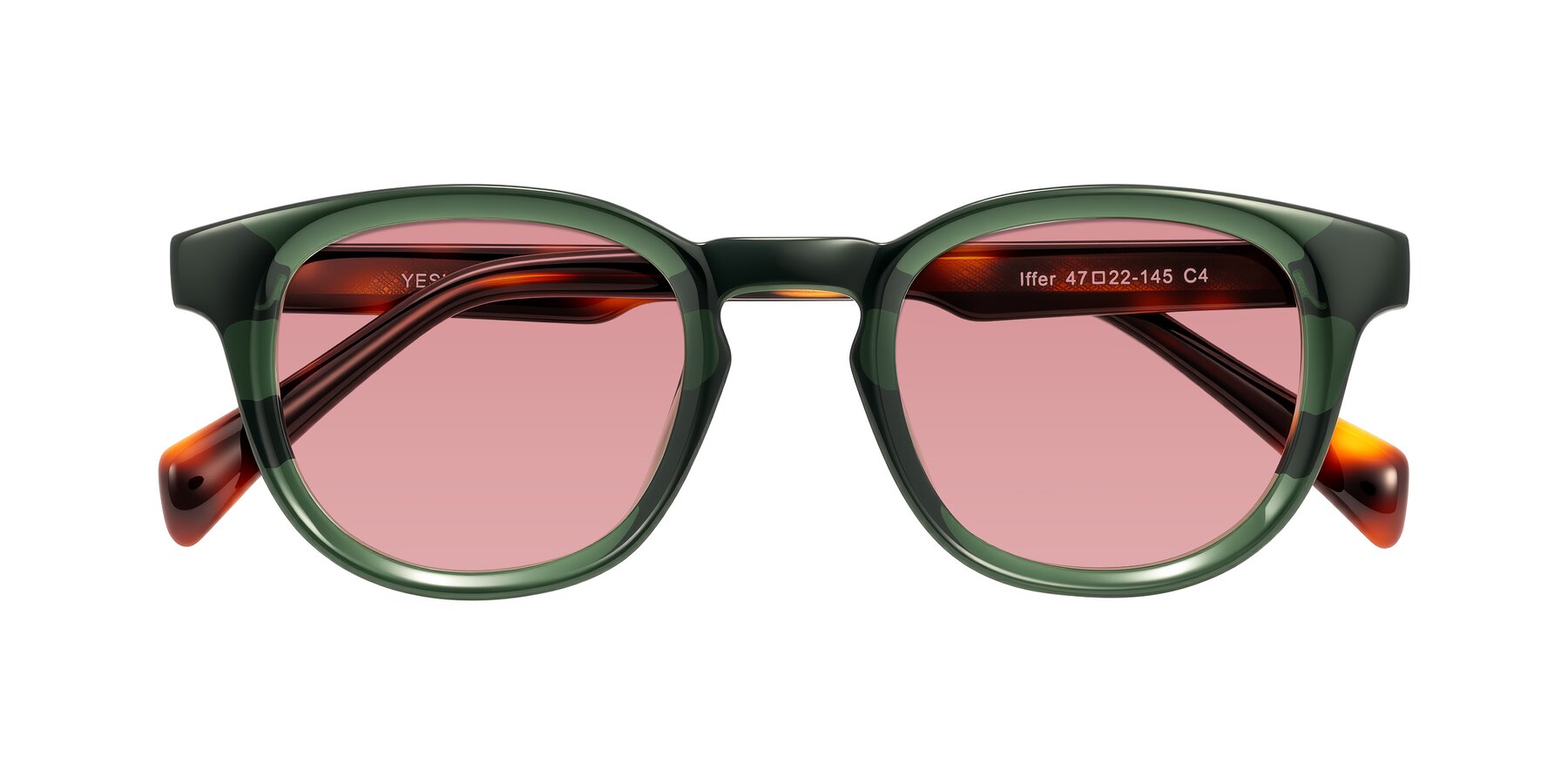 Folded Front of Iffer in Dark Green/Tortoise with Medium Garnet Tinted Lenses