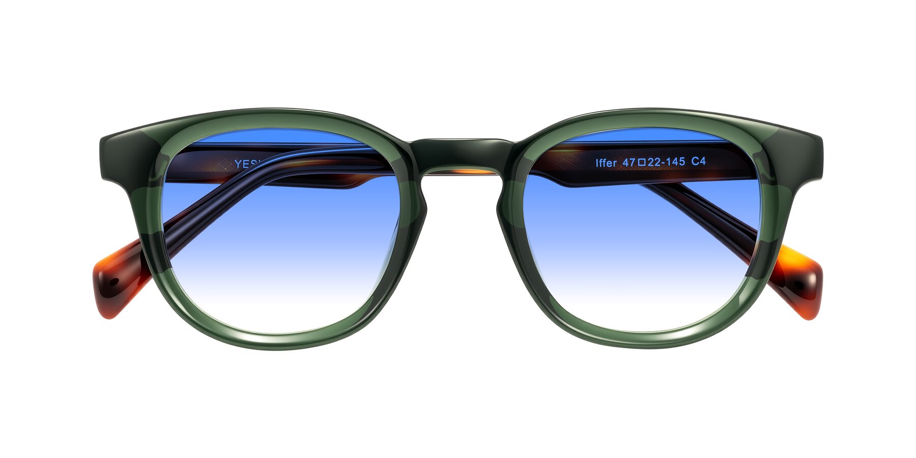 Folded Front of Iffer in Dark Green/Tortoise with Blue Gradient Lenses