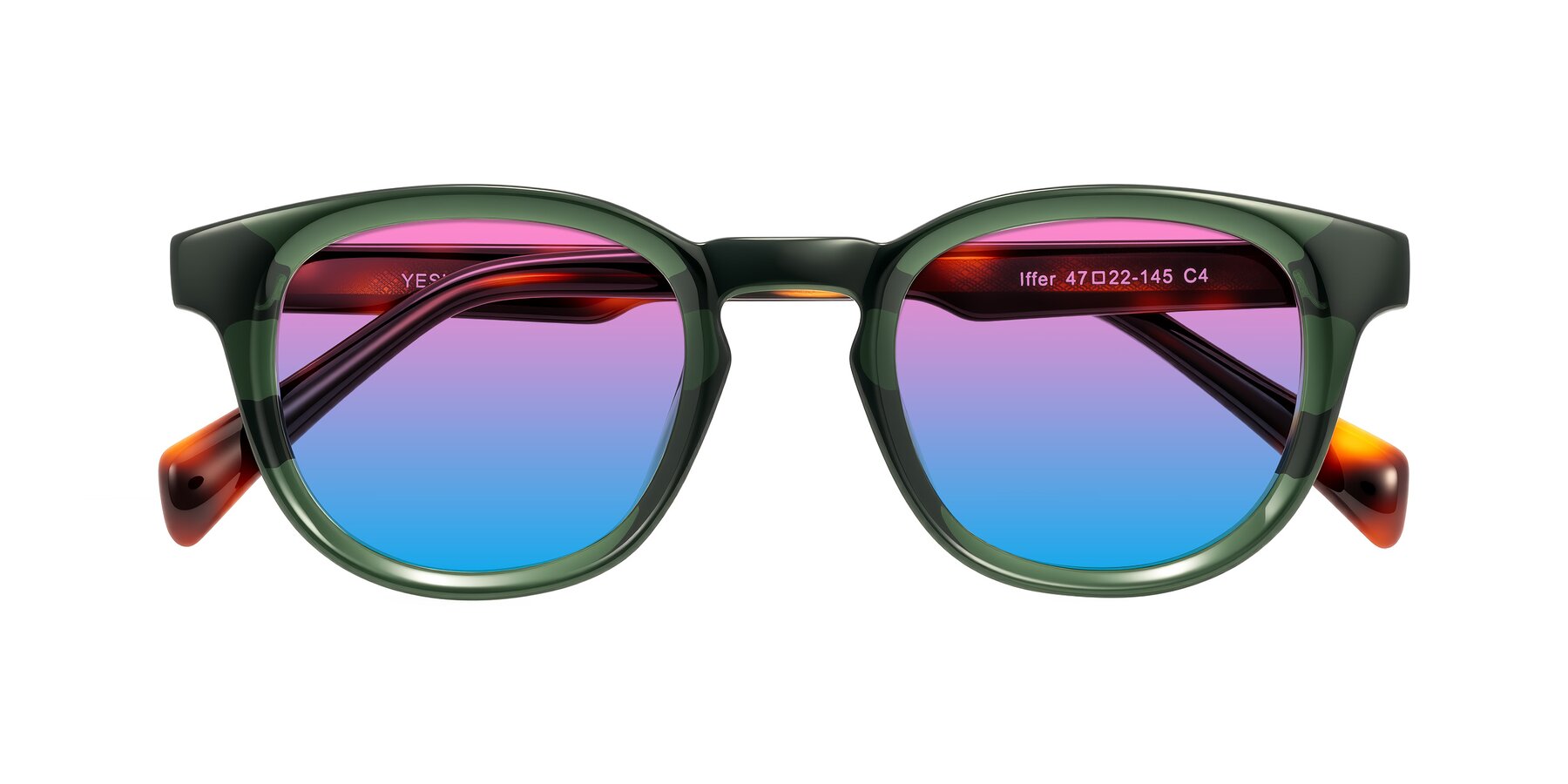 Folded Front of Iffer in Dark Green/Tortoise with Pink / Blue Gradient Lenses