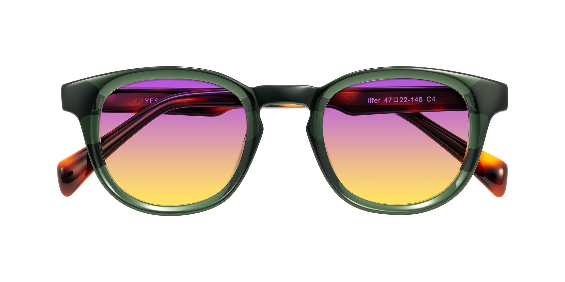 Folded Front of Iffer in Dark Green/Tortoise with Purple / Yellow Gradient Lenses