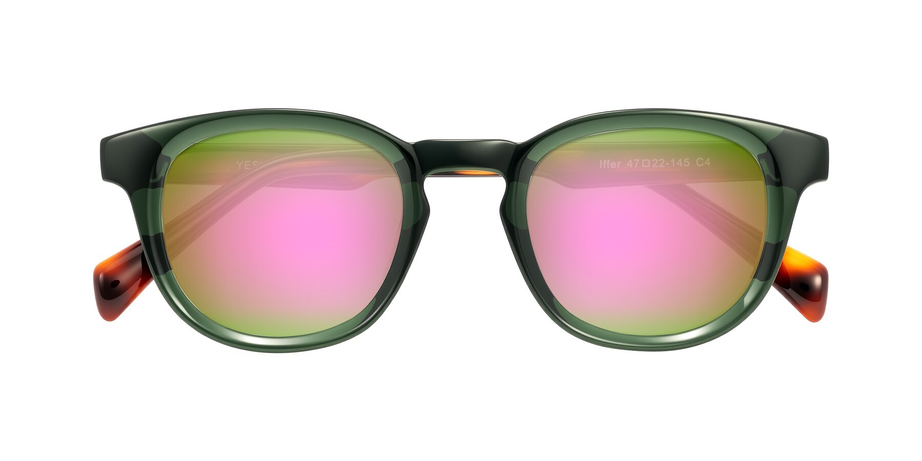 Folded Front of Iffer in Dark Green/Tortoise with Pink Mirrored Lenses