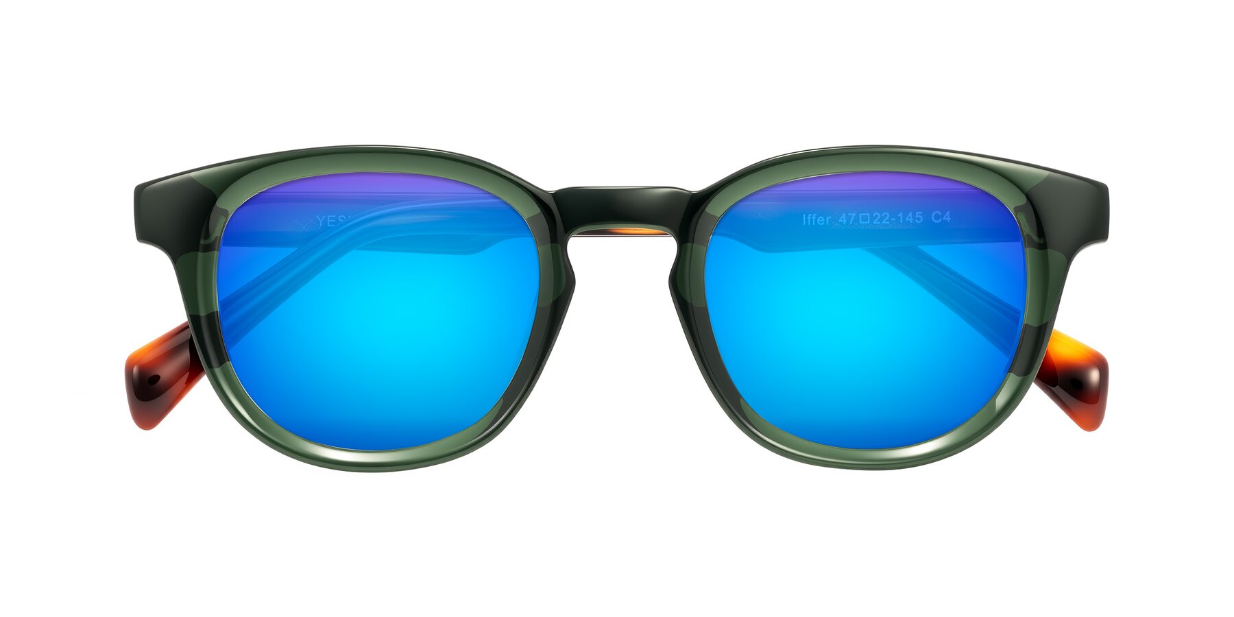 Folded Front of Iffer in Dark Green/Tortoise with Blue Mirrored Lenses