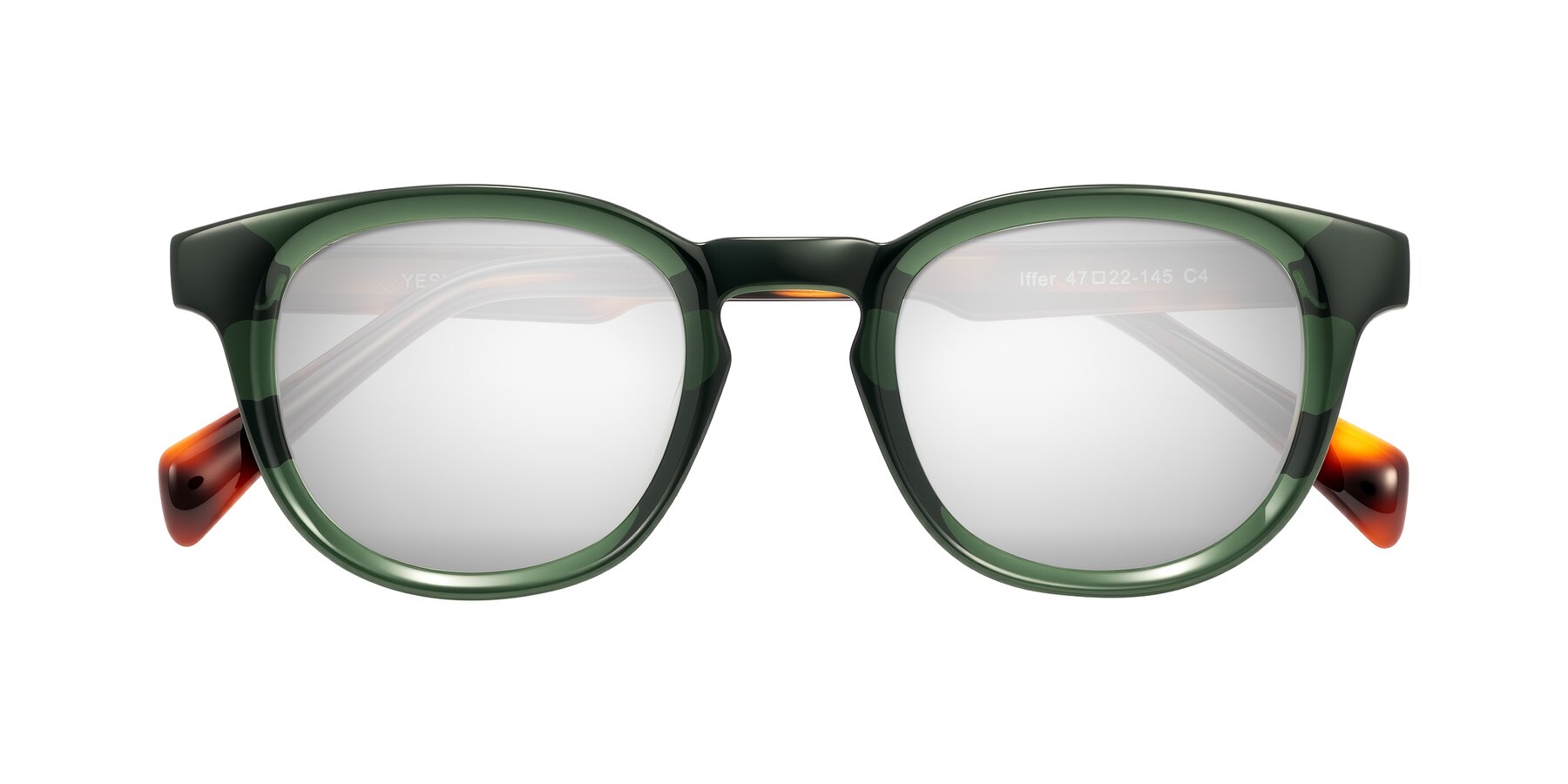 Folded Front of Iffer in Dark Green/Tortoise with Silver Mirrored Lenses