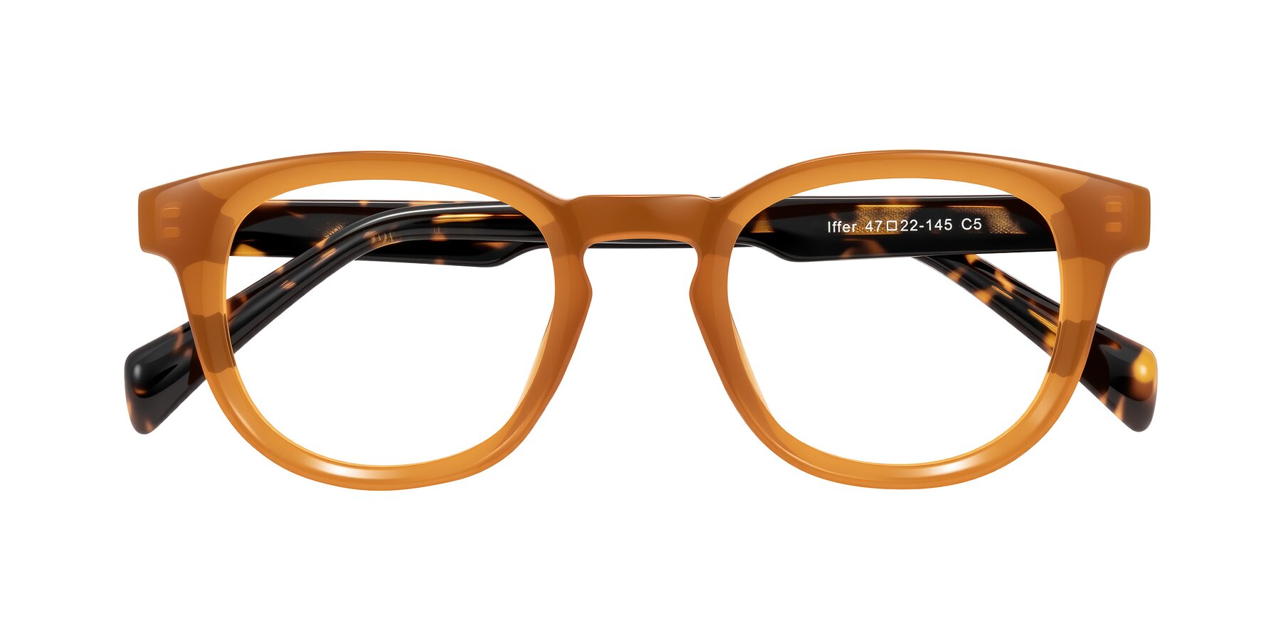 Folded Front of Iffer in Caramel/Tortoise with Clear Eyeglass Lenses