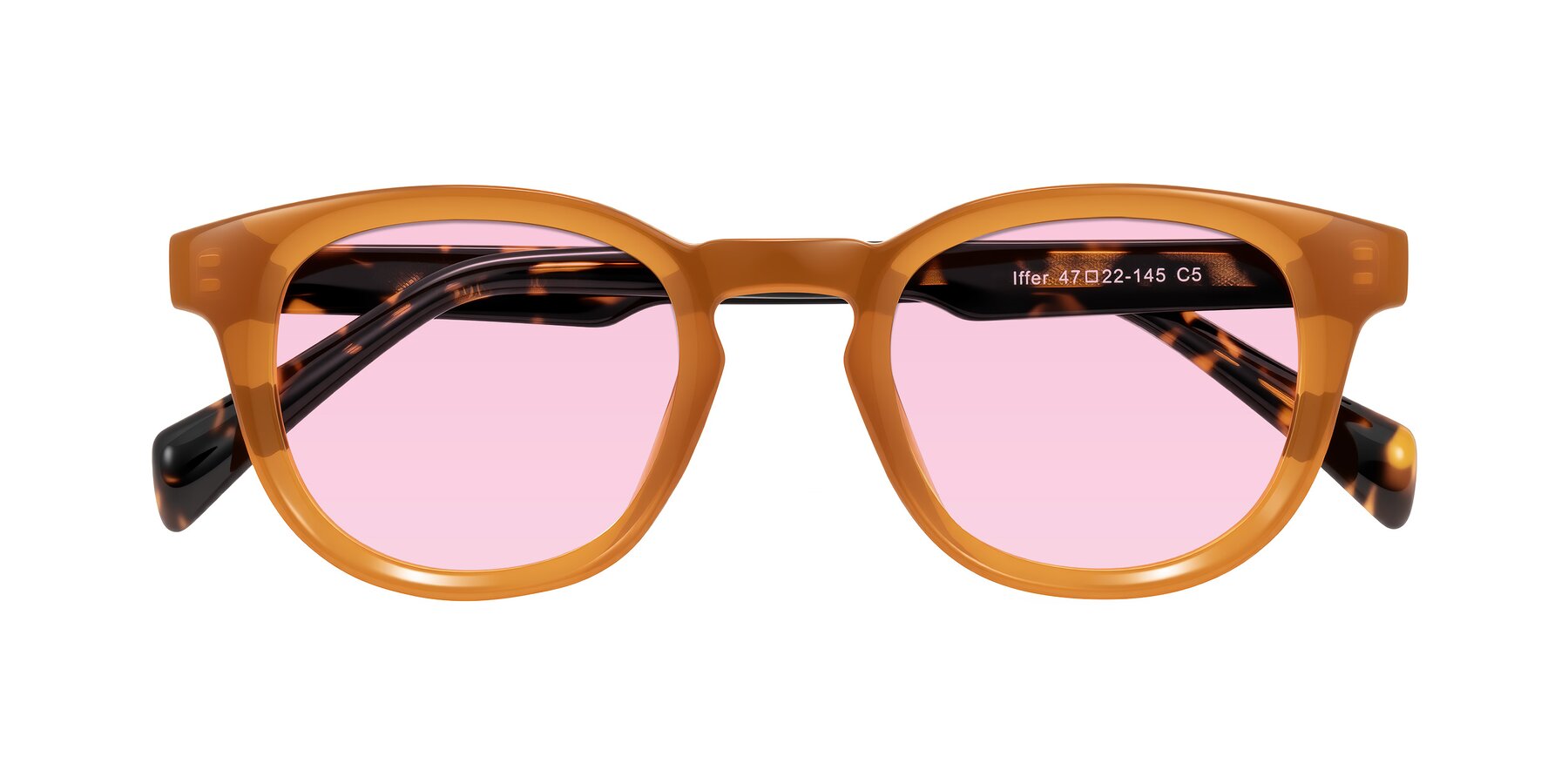 Folded Front of Iffer in Caramel/Tortoise with Light Pink Tinted Lenses