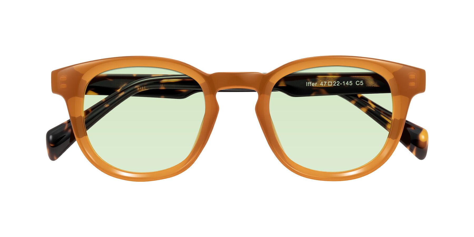 Folded Front of Iffer in Caramel/Tortoise with Light Green Tinted Lenses