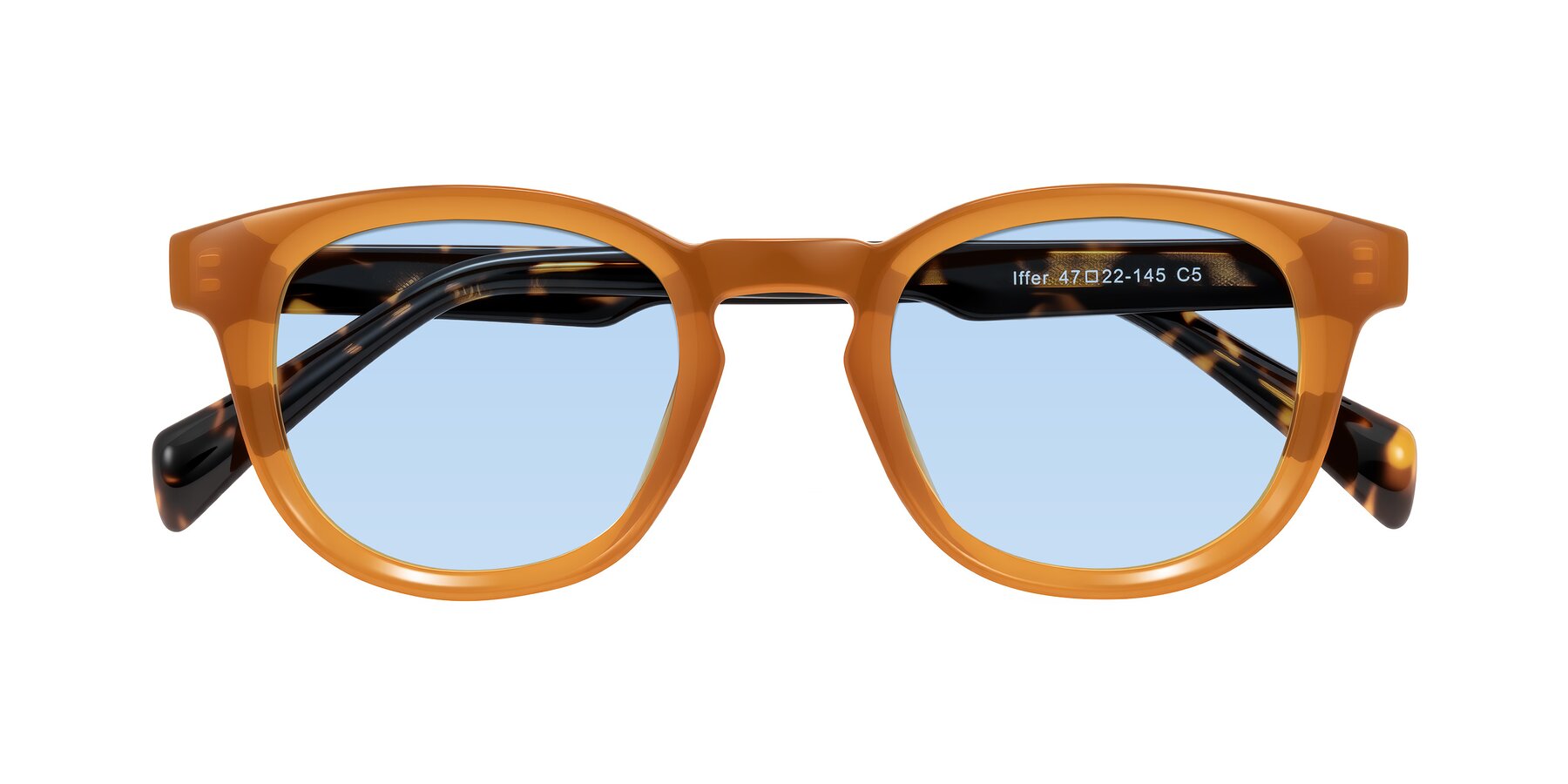 Folded Front of Iffer in Caramel/Tortoise with Light Blue Tinted Lenses