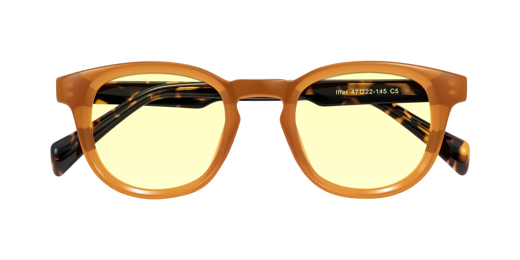 Folded Front of Iffer in Caramel/Tortoise with Light Yellow Tinted Lenses