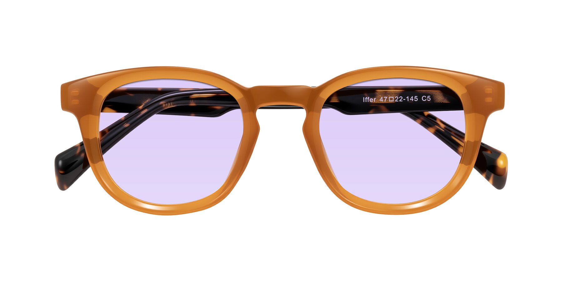 Folded Front of Iffer in Caramel/Tortoise with Light Purple Tinted Lenses