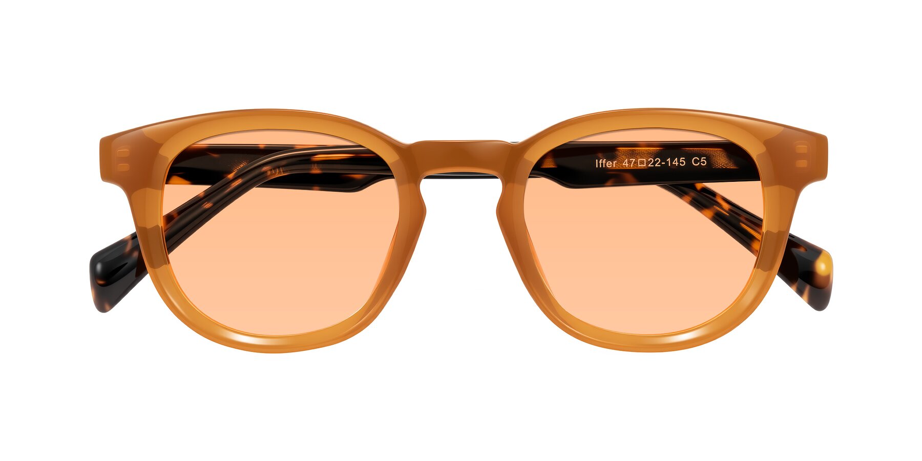 Folded Front of Iffer in Caramel/Tortoise with Light Orange Tinted Lenses