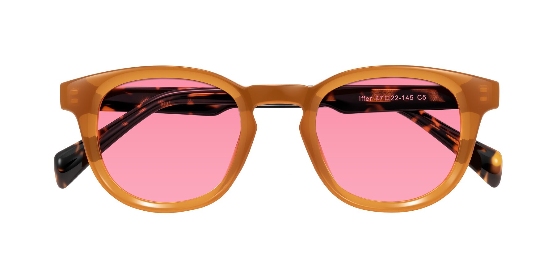 Folded Front of Iffer in Caramel/Tortoise with Pink Tinted Lenses