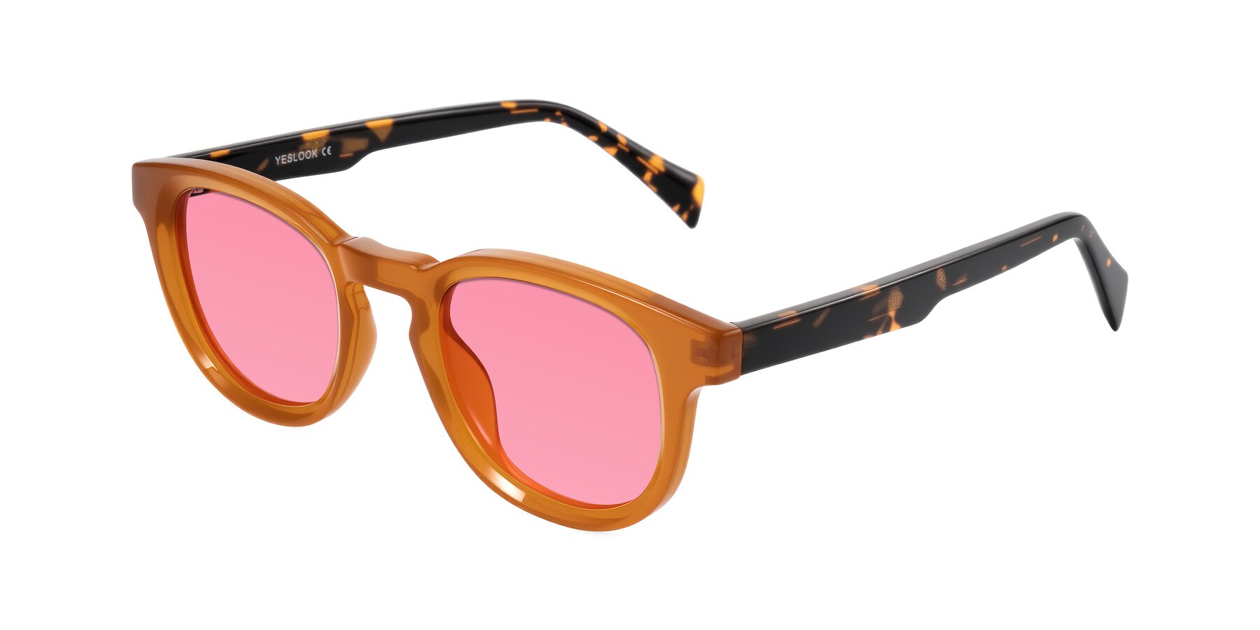 Angle of Iffer in Caramel/Tortoise with Pink Tinted Lenses