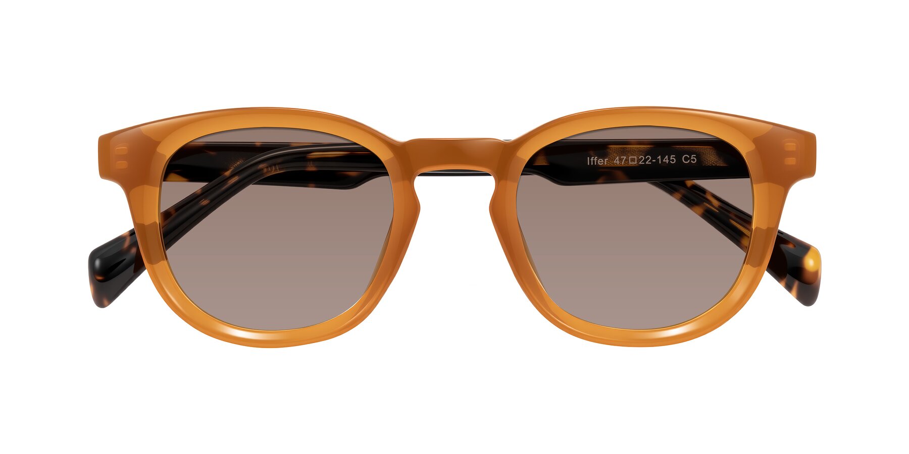 Folded Front of Iffer in Caramel/Tortoise with Medium Brown Tinted Lenses
