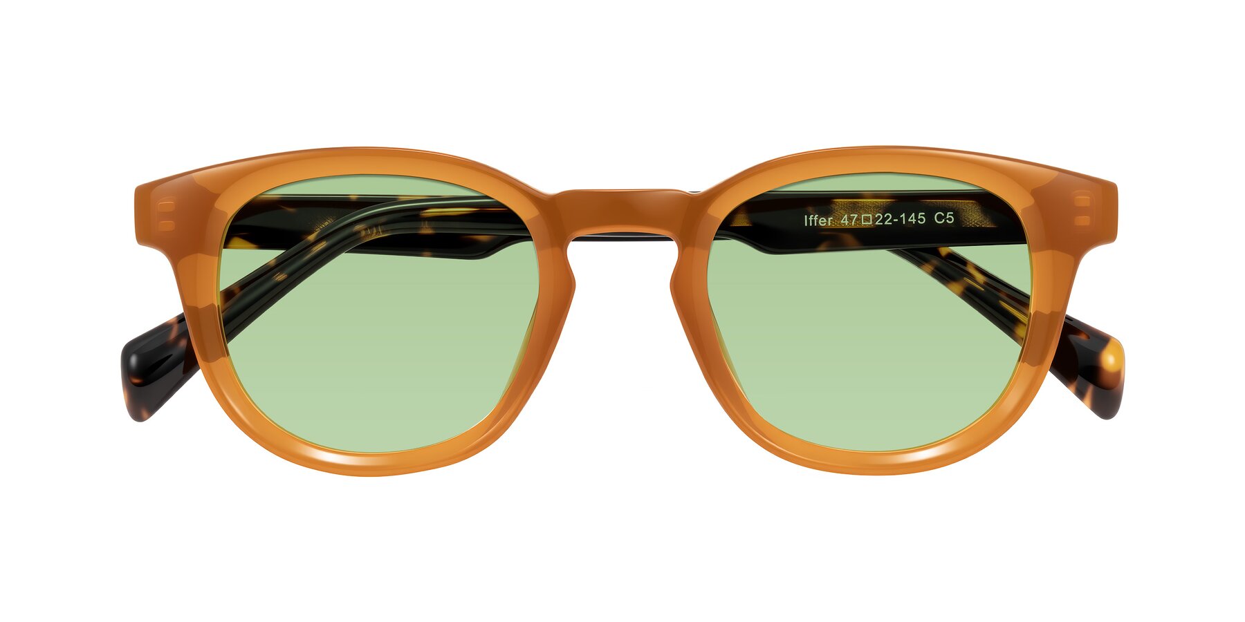Folded Front of Iffer in Caramel/Tortoise with Medium Green Tinted Lenses