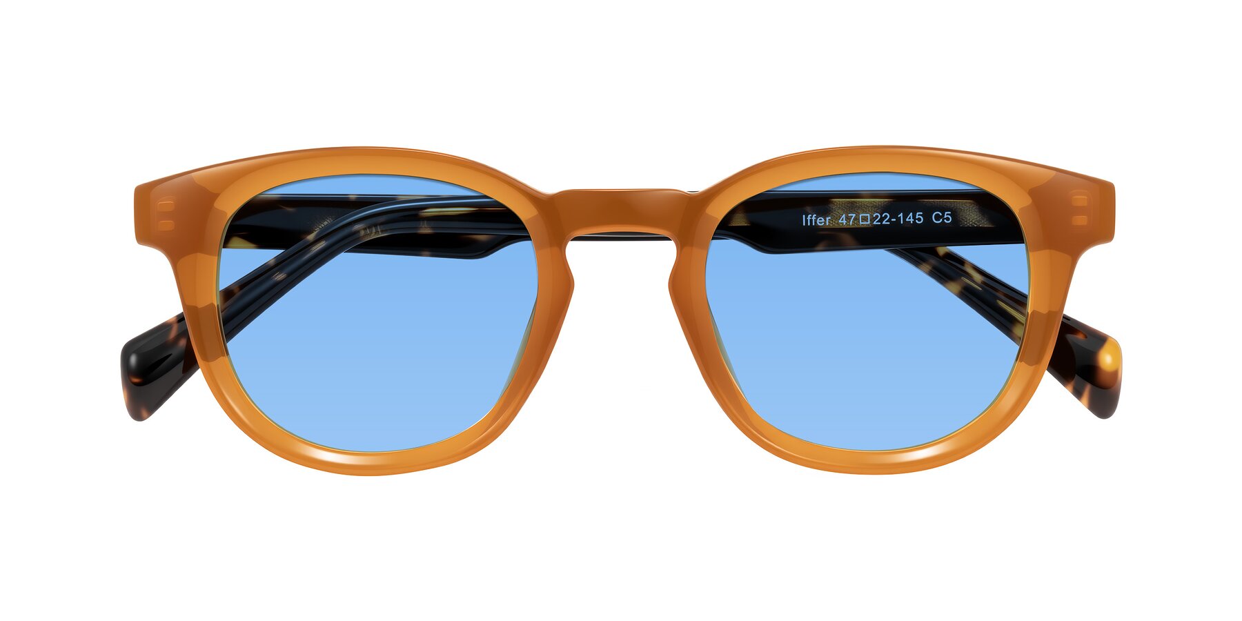 Folded Front of Iffer in Caramel/Tortoise with Medium Blue Tinted Lenses