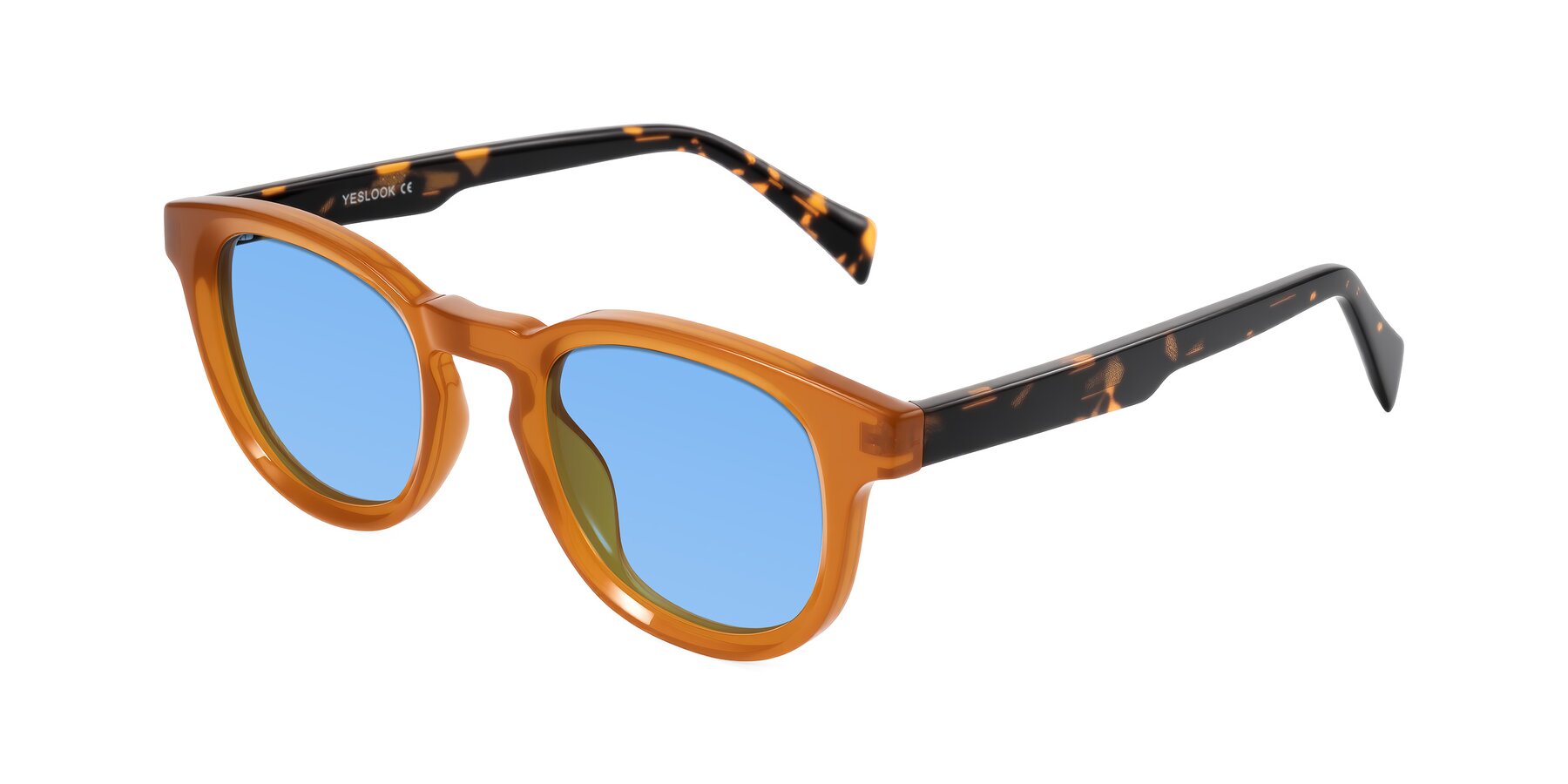 Angle of Iffer in Caramel/Tortoise with Medium Blue Tinted Lenses