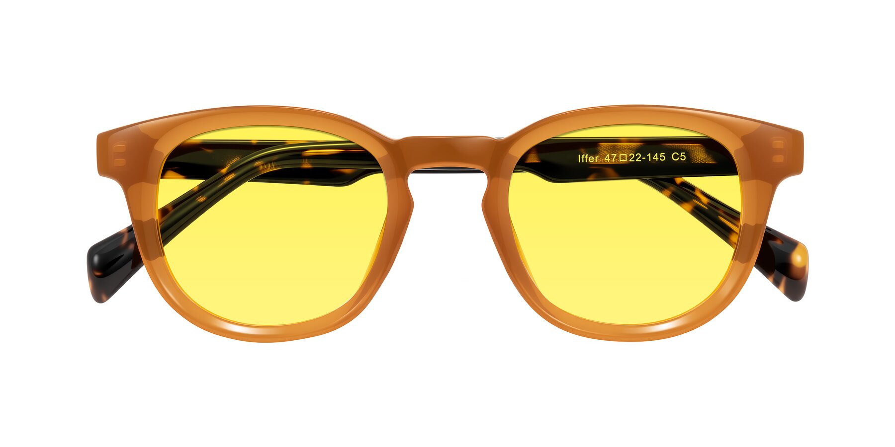 Folded Front of Iffer in Caramel/Tortoise with Medium Yellow Tinted Lenses