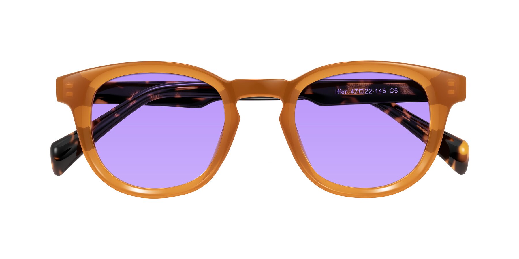Folded Front of Iffer in Caramel/Tortoise with Medium Purple Tinted Lenses