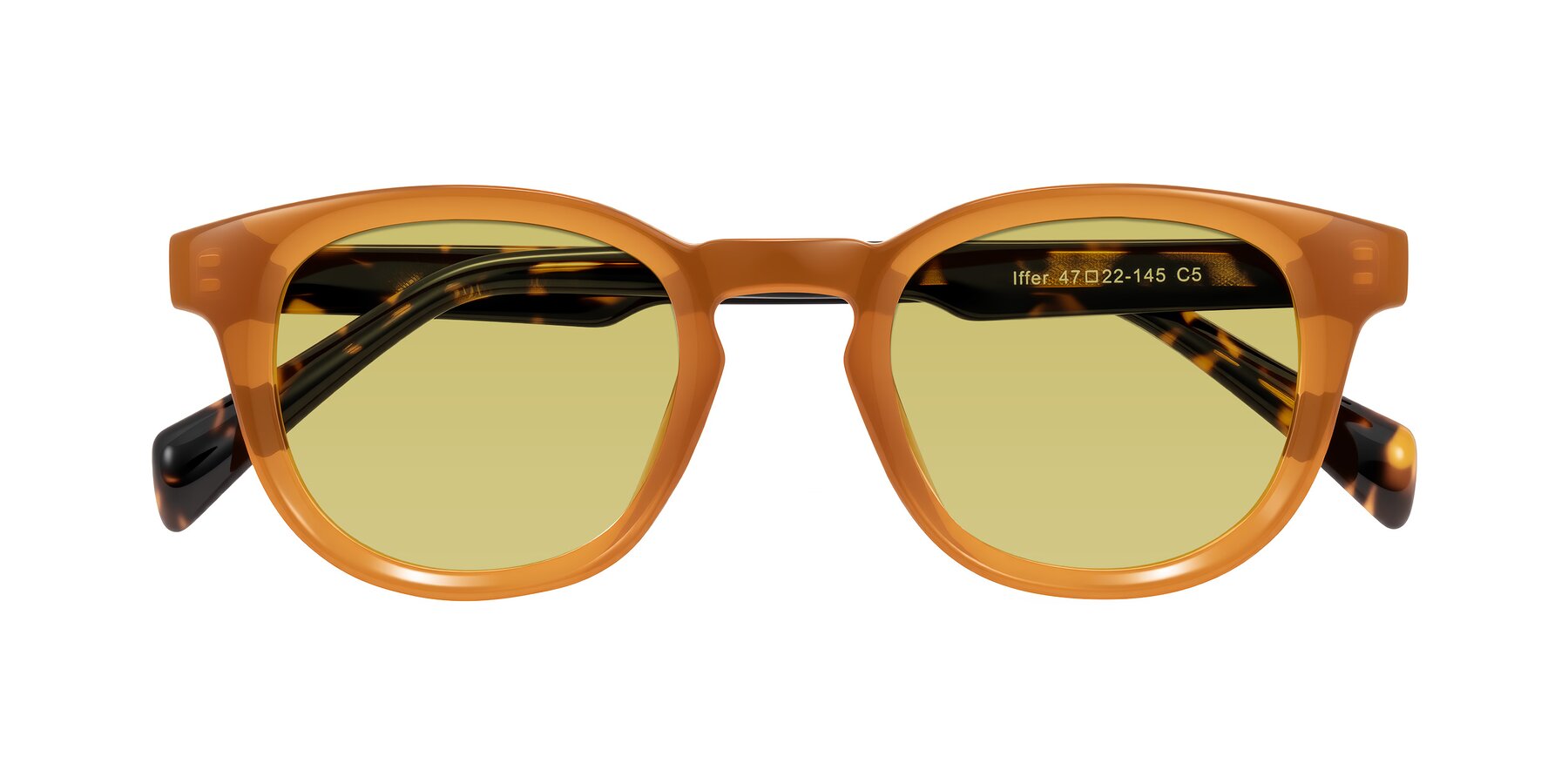 Folded Front of Iffer in Caramel/Tortoise with Medium Champagne Tinted Lenses