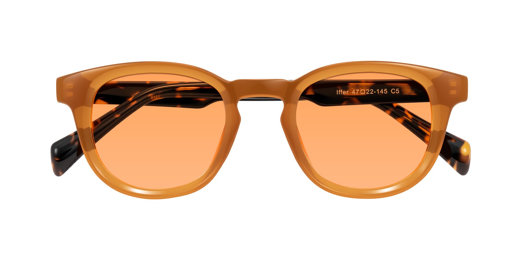 Folded Front of Iffer in Caramel/Tortoise with Medium Orange Tinted Lenses